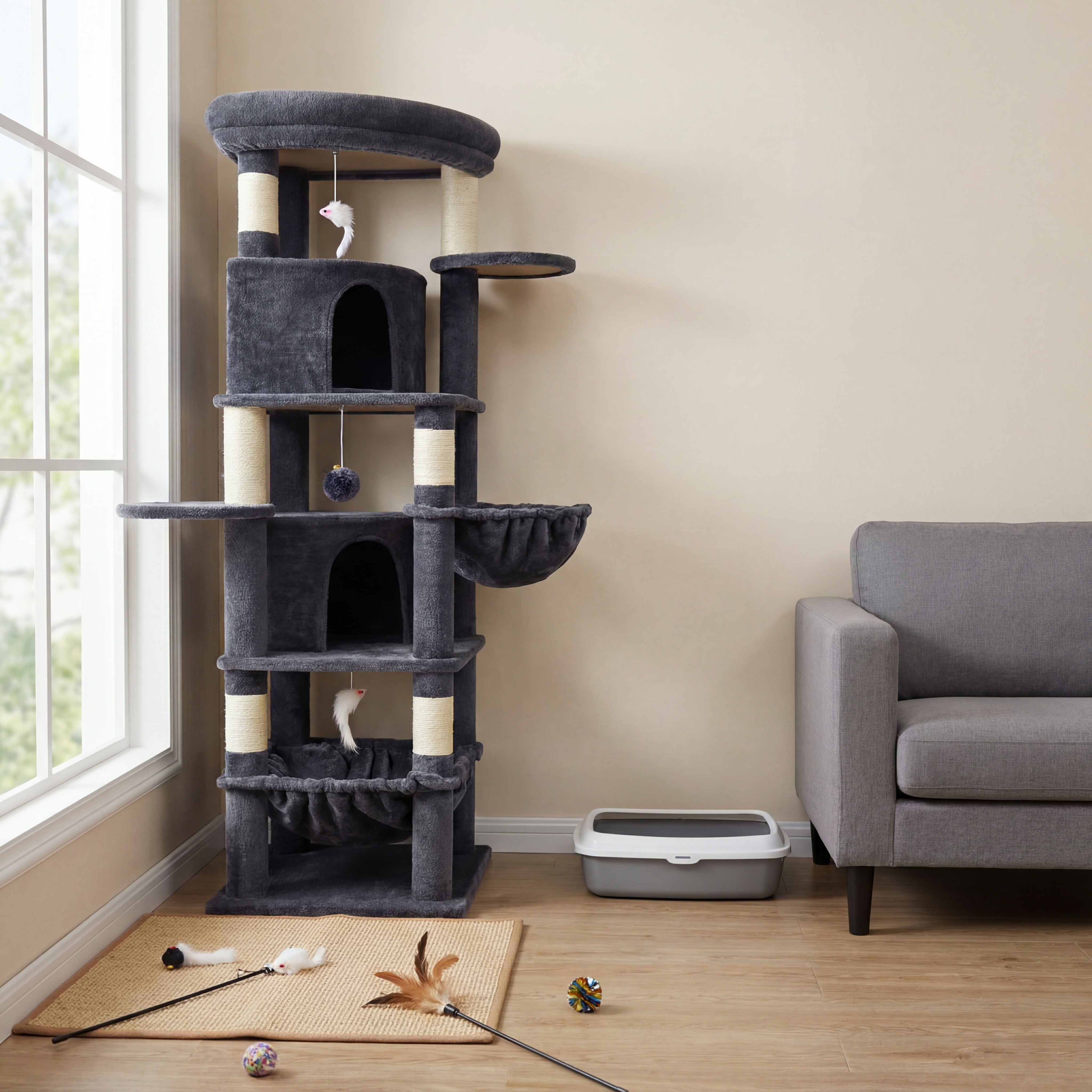 thumbnail video image 2 of Globlazer 68" XL Corner Cat Tree Tower Condo for Large Cats - 6 Sisal Scratching Posts, 2 Condos, Hammock & Hanging Basket,  Dark Gray, 2 of 8