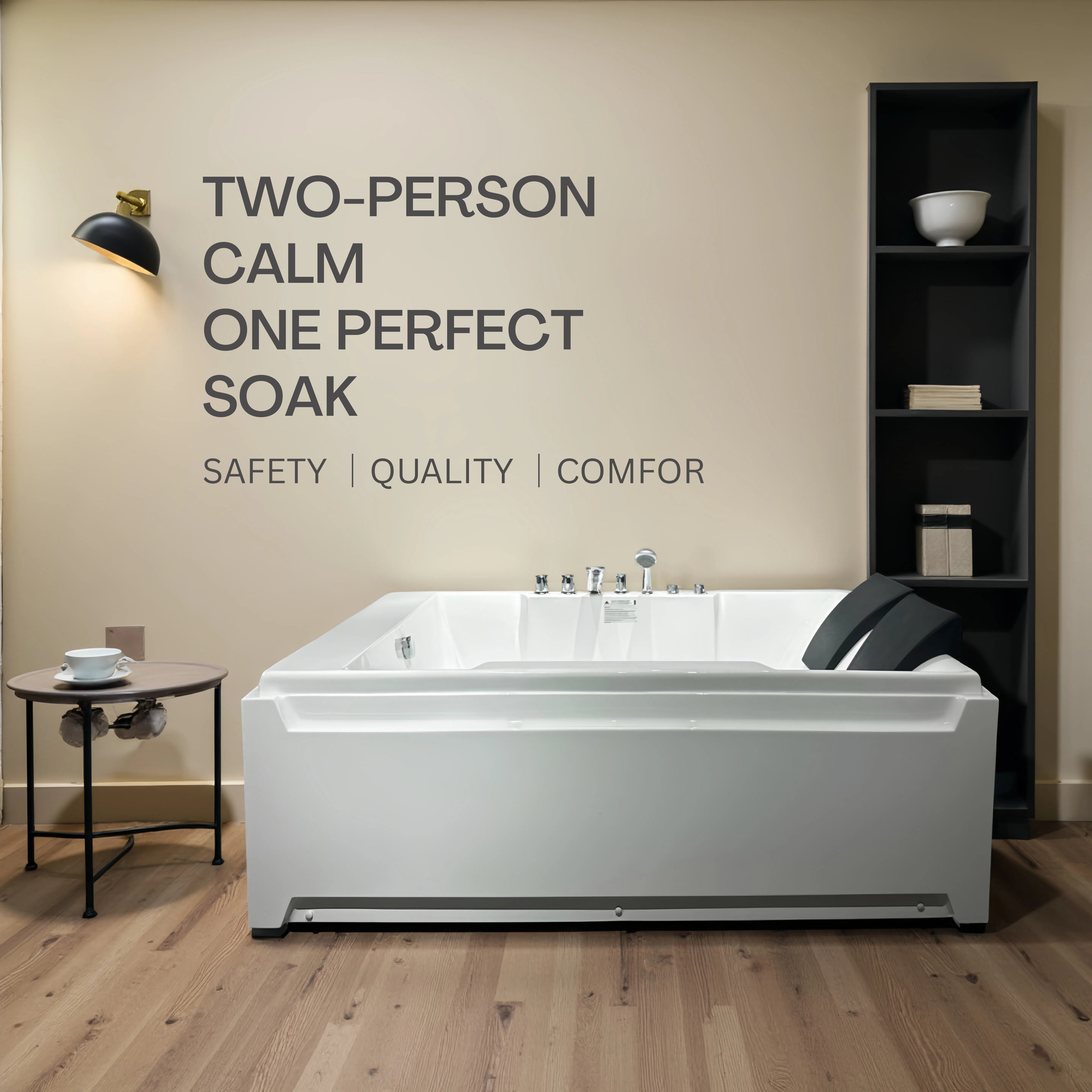 thumbnail video image 2 of 73" x 48" Whirlpool Bathtub for 2-Person with 8 Hydro Massage Jets & Chromatherapy LED Lights, 1HP UL Certified Pump, 3-Sided Apron Acrylic Soaking Tub, Left Drain, 110 Gallons, White, 2 of 42