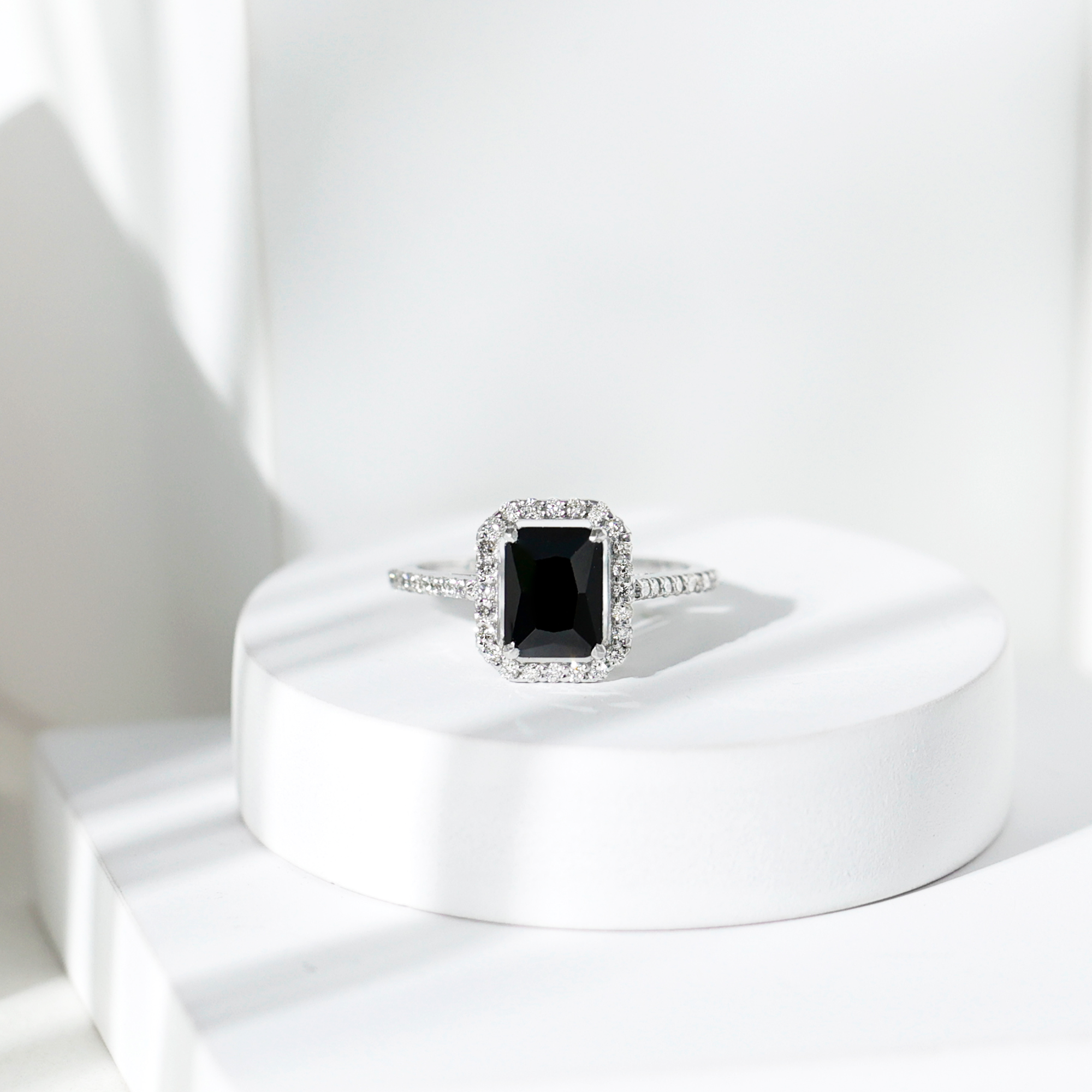 thumbnail video image 2 of Rosec Jewels Lab Grown Black Diamond Emerald Cut Engagement Ring with Halo - 6X8mm - AAAA Grade - Black and White Diamond Ring, 925 Sterling Silver, US 4.00, 2 of 7