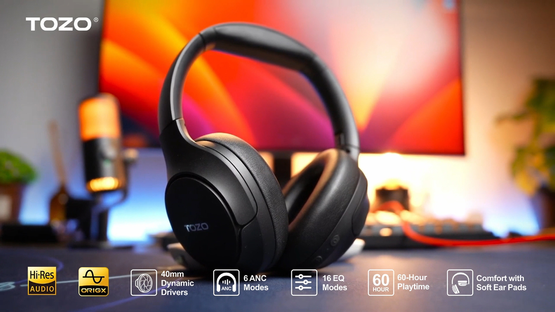 thumbnail video image 2 of TOZO HT2 Hybrid Noise Cancel Headphones,60H Wire/Wireless Over Ear Bluetooth Headphones with ENC Mic,Hi-Res Audio,32EQ Modes,Foldable Adjustable Headband,AUX 3.5mm/USB-C,Comfort Earcup for Home,Black, 2 of 12