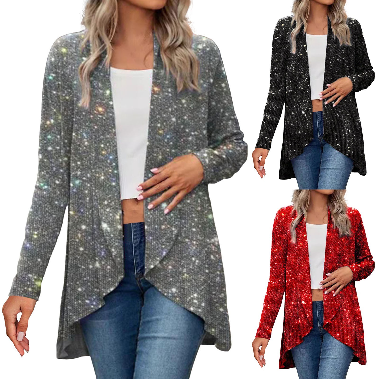 thumbnail video image 2 of Delayuji Womens Cardigan Sweaters Sequin Solid Color Fashion Casual Irregular Coat Plaid Cardigans for Women Black Xxxl, 2 of 6