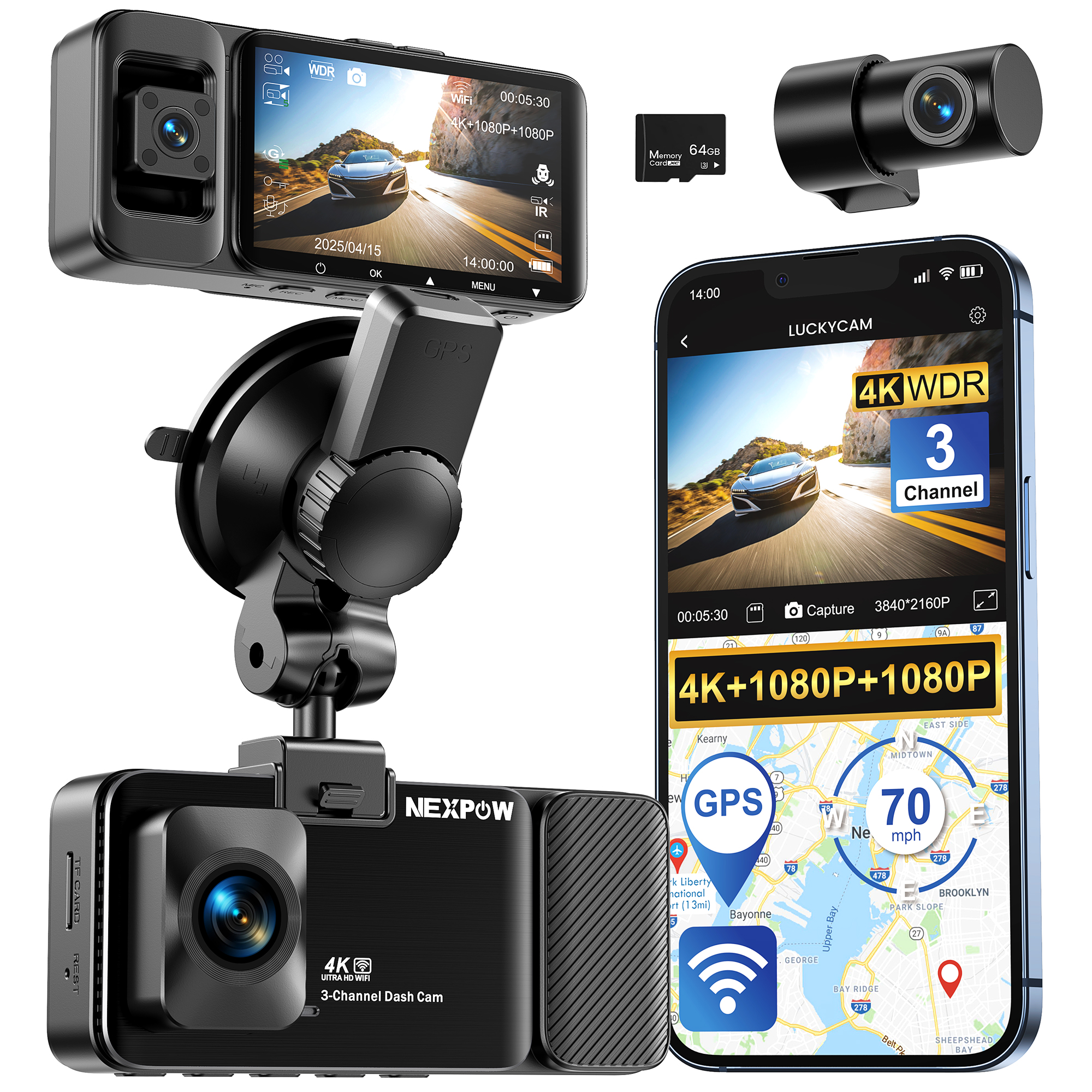 thumbnail video image 2 of NEXPOW 3 Channel 5G WiFi Dash Cam Front Rear Cabin, 4K+1080P+1080P GPS Dash Camera for Car with 64GB Card,WDR Night Vision,24H Parking Guard,Loop Recording,G-sensor, 2 of 12