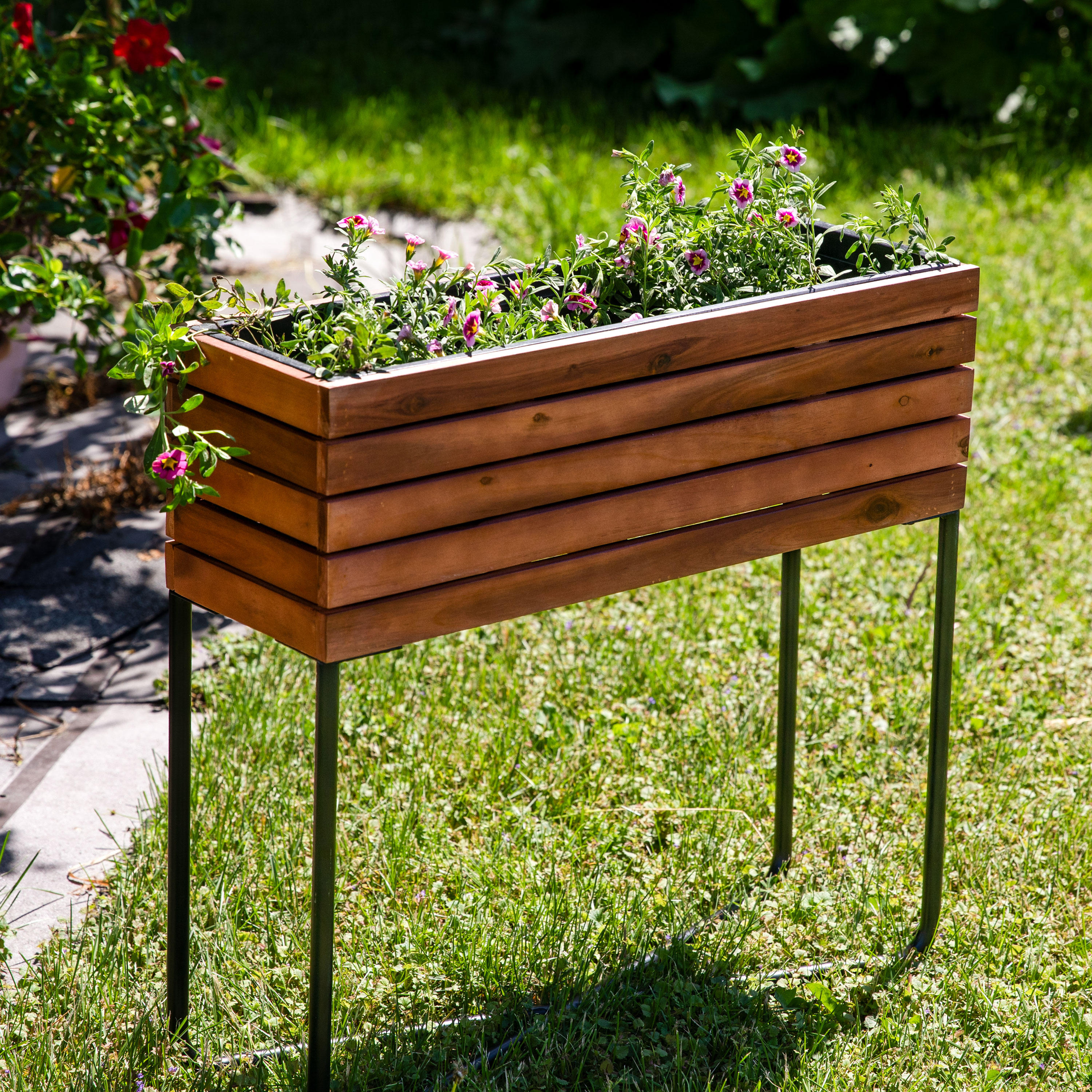 thumbnail video image 2 of Sunnydaze 24.25" x 7" x 23.5" Brown Acacia Wood Rectangular Raised Garden Bed with Legs, 2 of 8