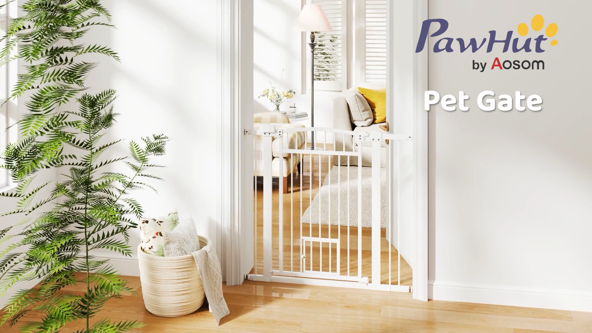 thumbnail video image 2 of PawHut Dog Gate, 30"-41" Extra Wide Walk Through Pet Gate w/ Cat Door, 3-Inch & 5.5-Inch Extension Kits, Pressure or Hardware Mounted, 37" High, 2 of 10