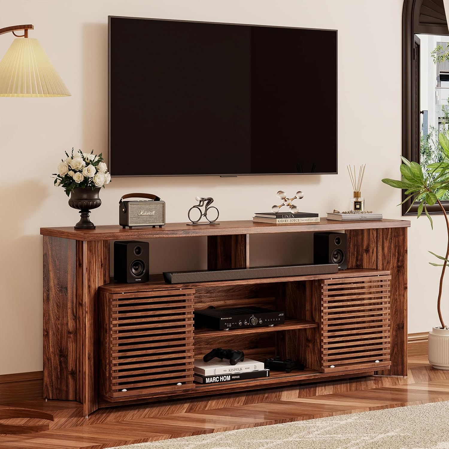 thumbnail video image 2 of Flycity Mid Century Modern TV Stand for 55 60 65 Inch TVs, Entertainment Center with Sliding Doors & Storage, Wood Media Console for Living Room/Bedroom, Walnut Credenza TV Cabinet, 2 of 10