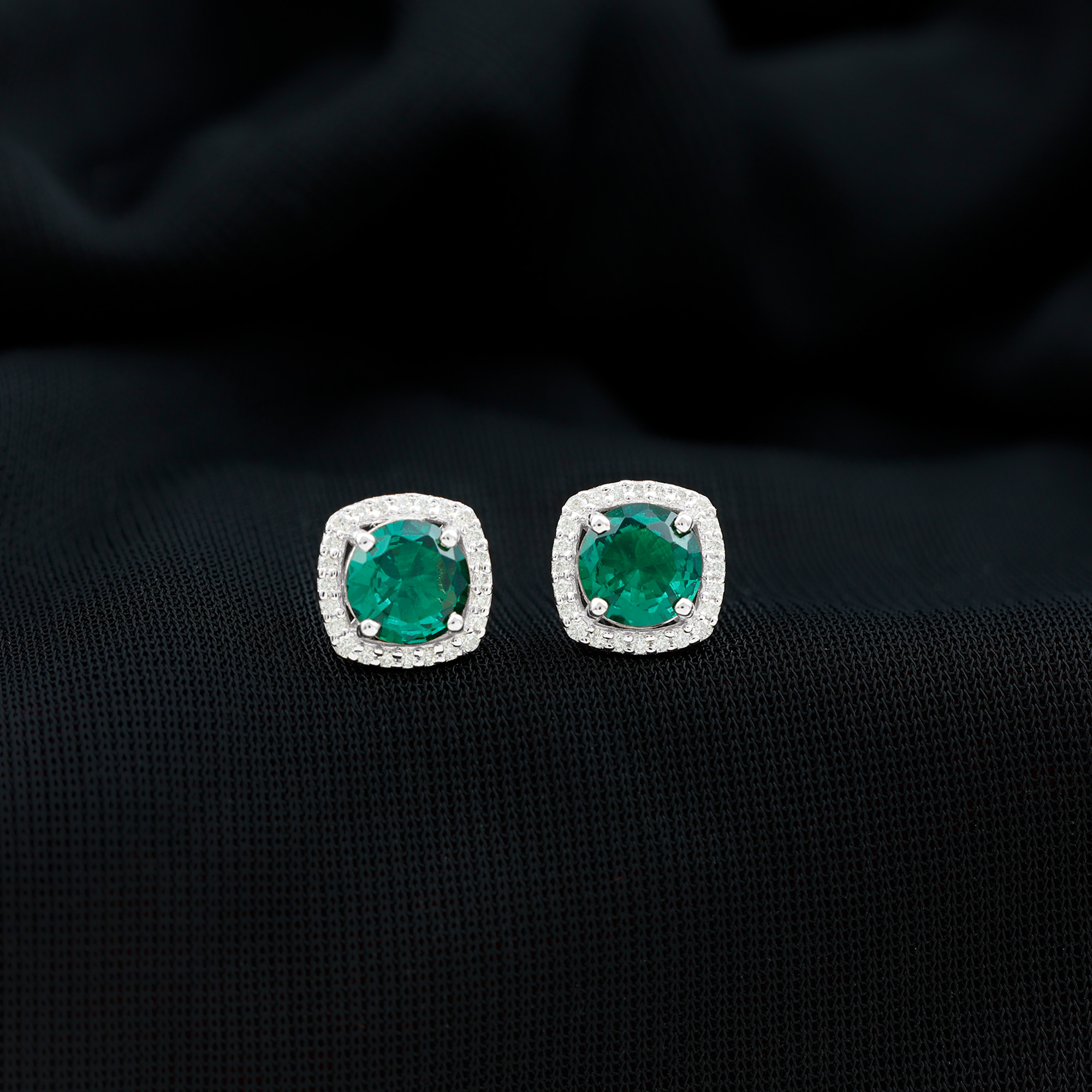 thumbnail video image 2 of Rosec Jewels Lab Grown Emerald Stud Earrings with Diamond Halo (AAAA Grade), 925 Sterling Silver, 2 of 9