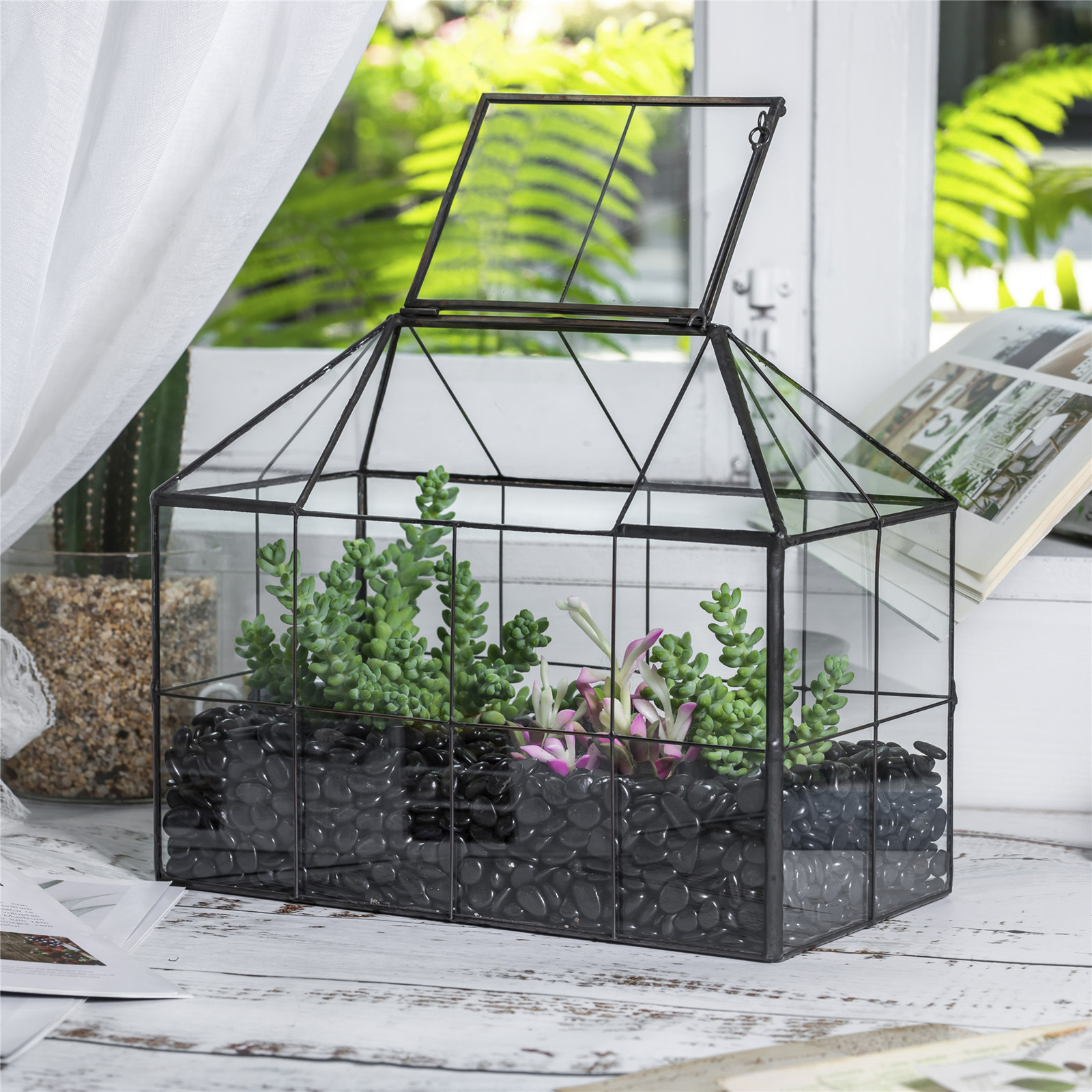 thumbnail video image 2 of NCYP Glass Terrarium Planter with Lid, Grid House Shape Geometric Pot for Plants, Home Living Room, Garden Decoration, Terrarium Only, 2 of 10