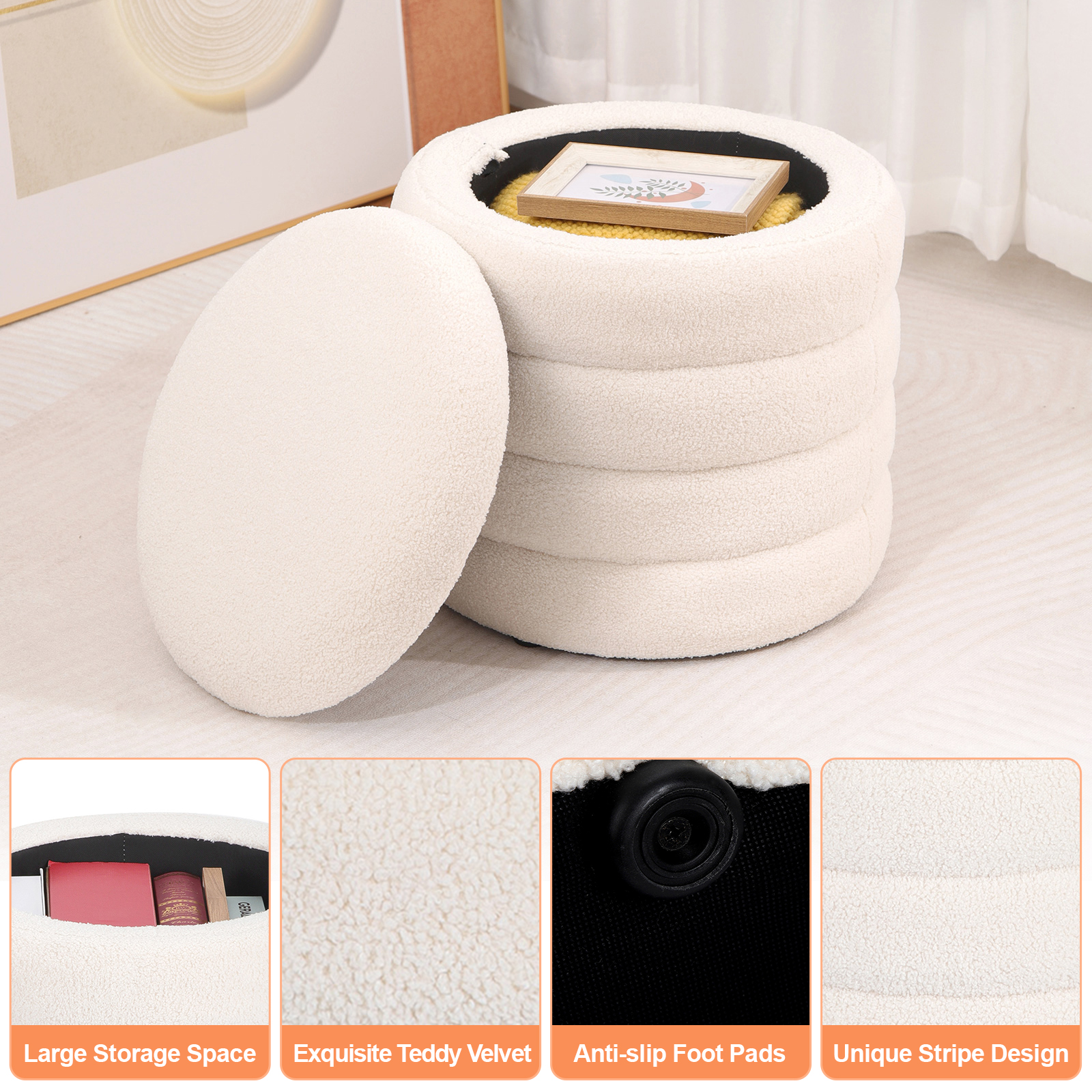 thumbnail video image 2 of Lohoms Round Storage Ottoman, 18.5 in Upholstered Teddy Storage Ottoman Footstool Round Foot Rest For Entryway, 2 of 8