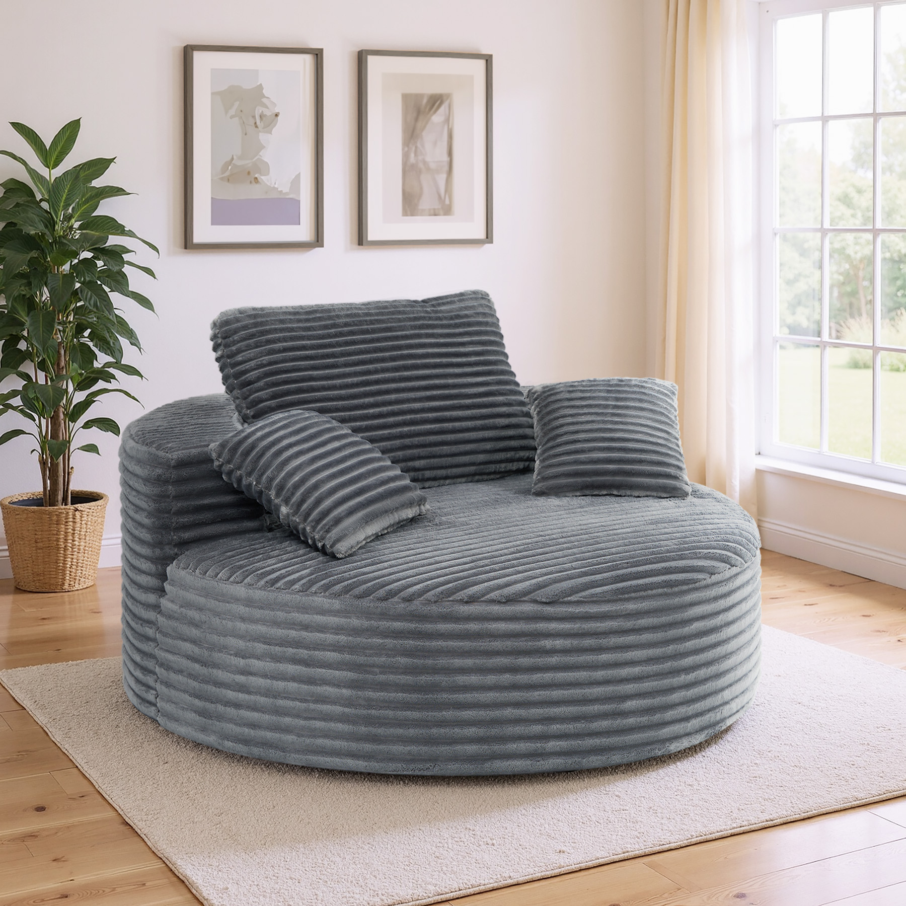 thumbnail video image 2 of Hawsaiy 56.3" Oversized Round Chaise Lounge Sofa, Deep Seat Sleeper Loveseat with 3 Supportive Pillows, Wide Armrest, No Assembly Required, Corduroy Fabric Sofa Bed for Living Room or Bedroom, 2 of 10