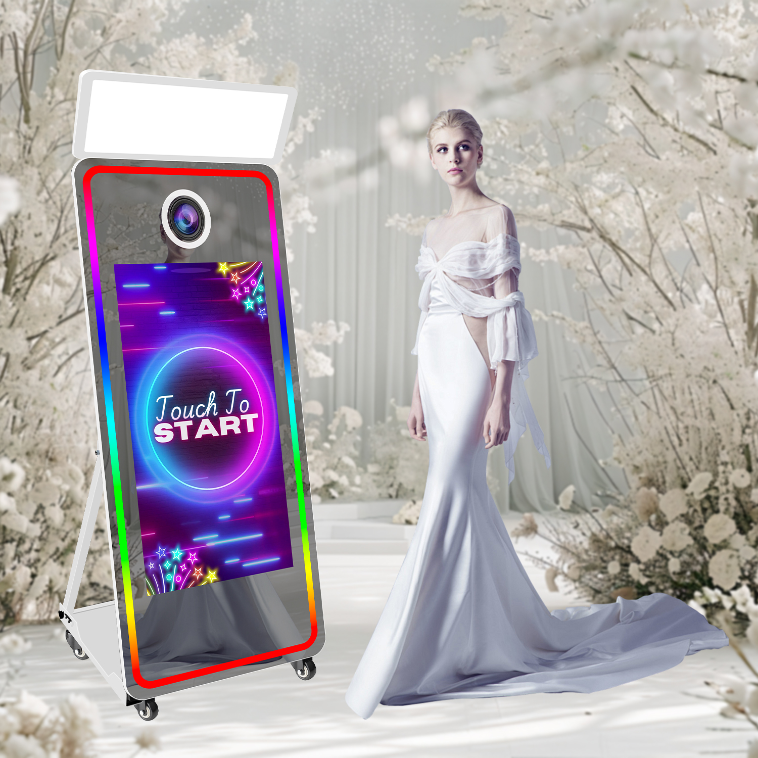 thumbnail video image 2 of VANYA Magic Mirror Photo Booth 65’’ Mirror Photo Booth 43’’ Interactive Touch Screen photobooth with square Light for weddings (43 Inch Photo Booth Machine, Black Machine), 2 of 10