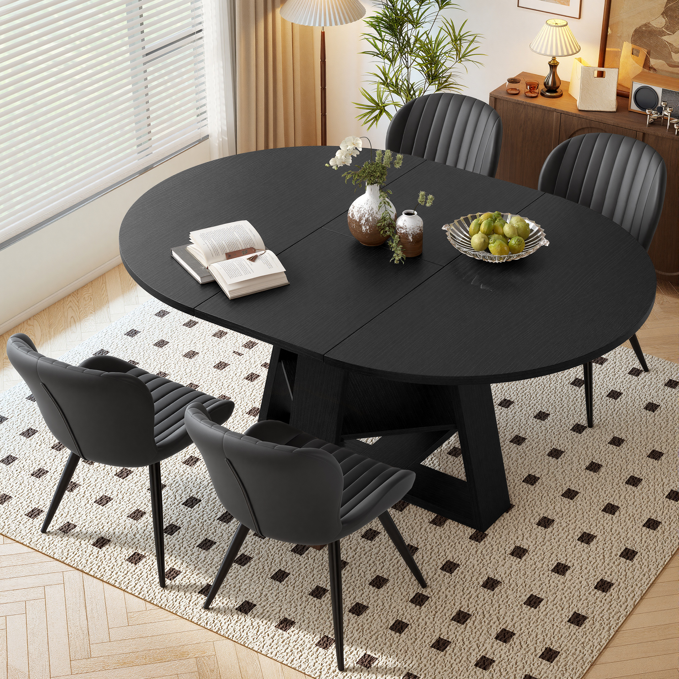 thumbnail video image 2 of Hawsaiy Extendable Round to Oval Dining Table Set for 4–6, Space-Saving Wooden Table with Hidden Storage, Expandable Dining Table with Upholstered Chairs(White Table+4 Black Chairs), 2 of 9