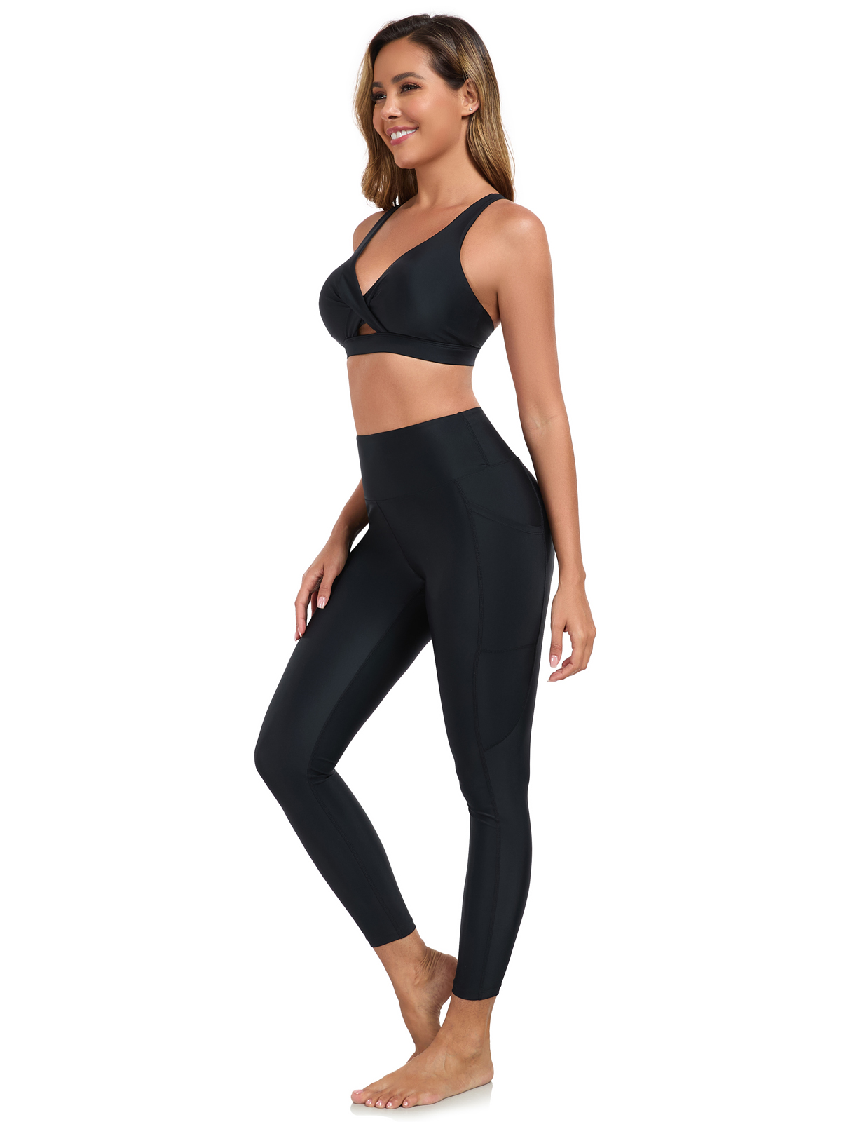 thumbnail video image 2 of Ocean Blues Women's High Waisted Swim Pants with Pockets Long Swim Leggings Swimsuit Bottom, 2 of 11