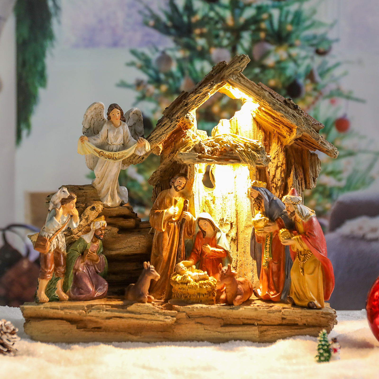 thumbnail video image 2 of Christmas Nativity Tabletop-Set Figurine Resin Figurines Ornaments Set with LED Light Tabletop Decoration Nativity Scene Figurine Decoration Christmas Home Decoration, 2 of 8