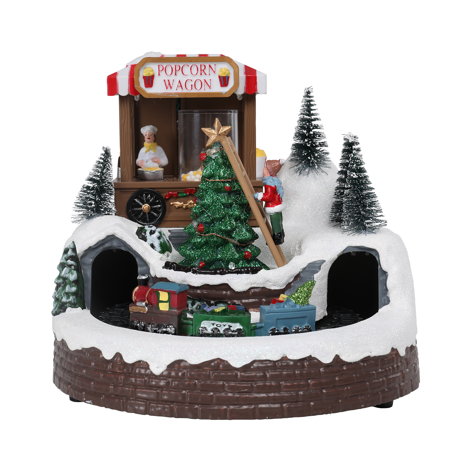 thumbnail video image 2 of Christmas Village Decor with Popcorn Wagon, Lit Tree, Santa & Train,LED - Illuminated Tabletop Decoration for Festive Indoor Ambiance, Ideal Holiday Gift,Christmas Decor, 2 of 9