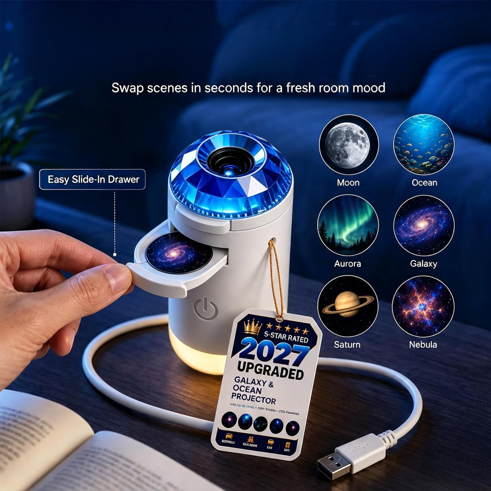 thumbnail video image 2 of Hd Smart Dynamic 5D Holographic Night Light Projector,Plug And Play Hd Star Projector,Usb Star Projector Night Light Plug-Free Romantic Lamp For Bedroom Ceiling. (12 Projection Films), 2 of 10