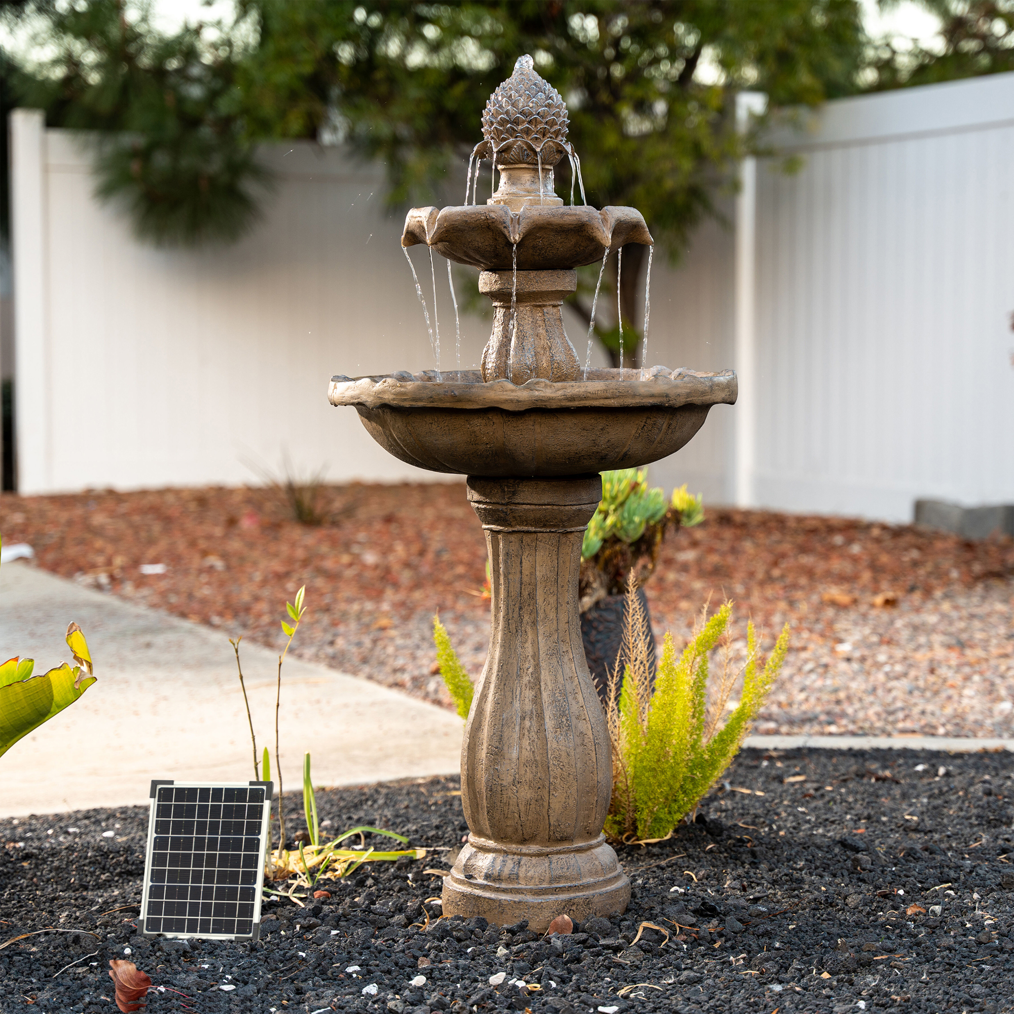 thumbnail video image 2 of XBrand 39" 2-Tier Outdoor Freestanding Solar Water Fountain - Classic Design, Sand Stone Resin w/ Auto Shut-off Pump - Ideal for Yard, Lawn and Garden Décor, 2 of 12