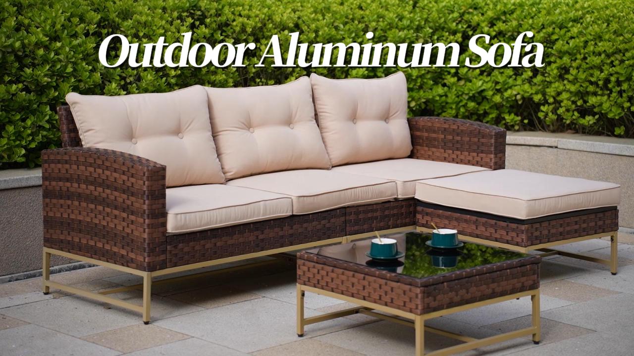 thumbnail video image 2 of Patio Furniture Sets 4 Pieces Outdoor Sectional Sofa White All-Weather Rattan Wicker Sofa Small Patio Conversation Couch with Washable Cushion and Glass Table, 2 of 8