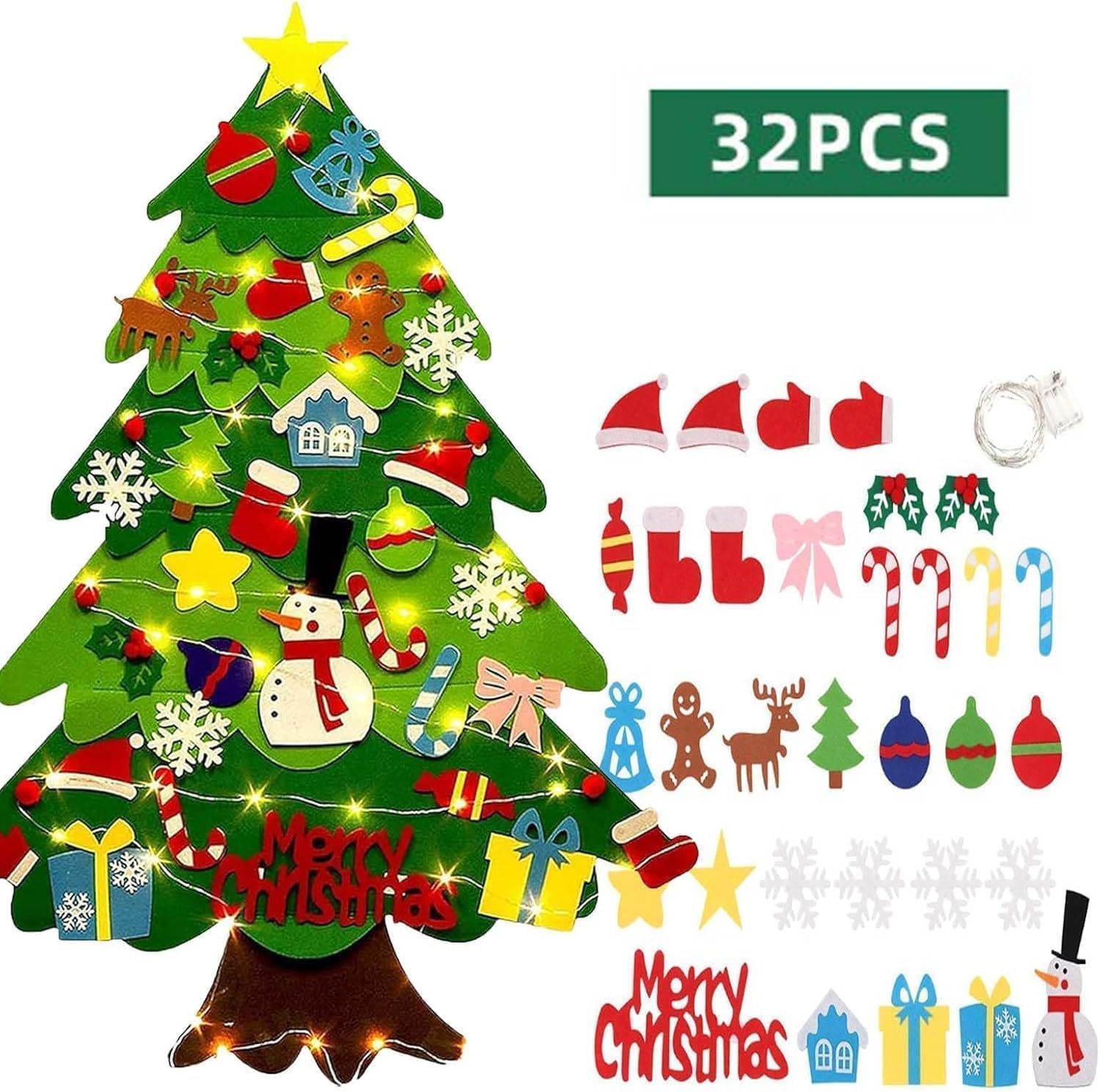 thumbnail video image 2 of KANOHENO Montessori Felt Christmas Tree - Kids Interactive Christmas Decor with 32 Pcs Felt Ornaments, 17ft(5m) Lights, DIY Non-Woven Felt Tree for Toddlers, Holiday Activity, 2 of 7