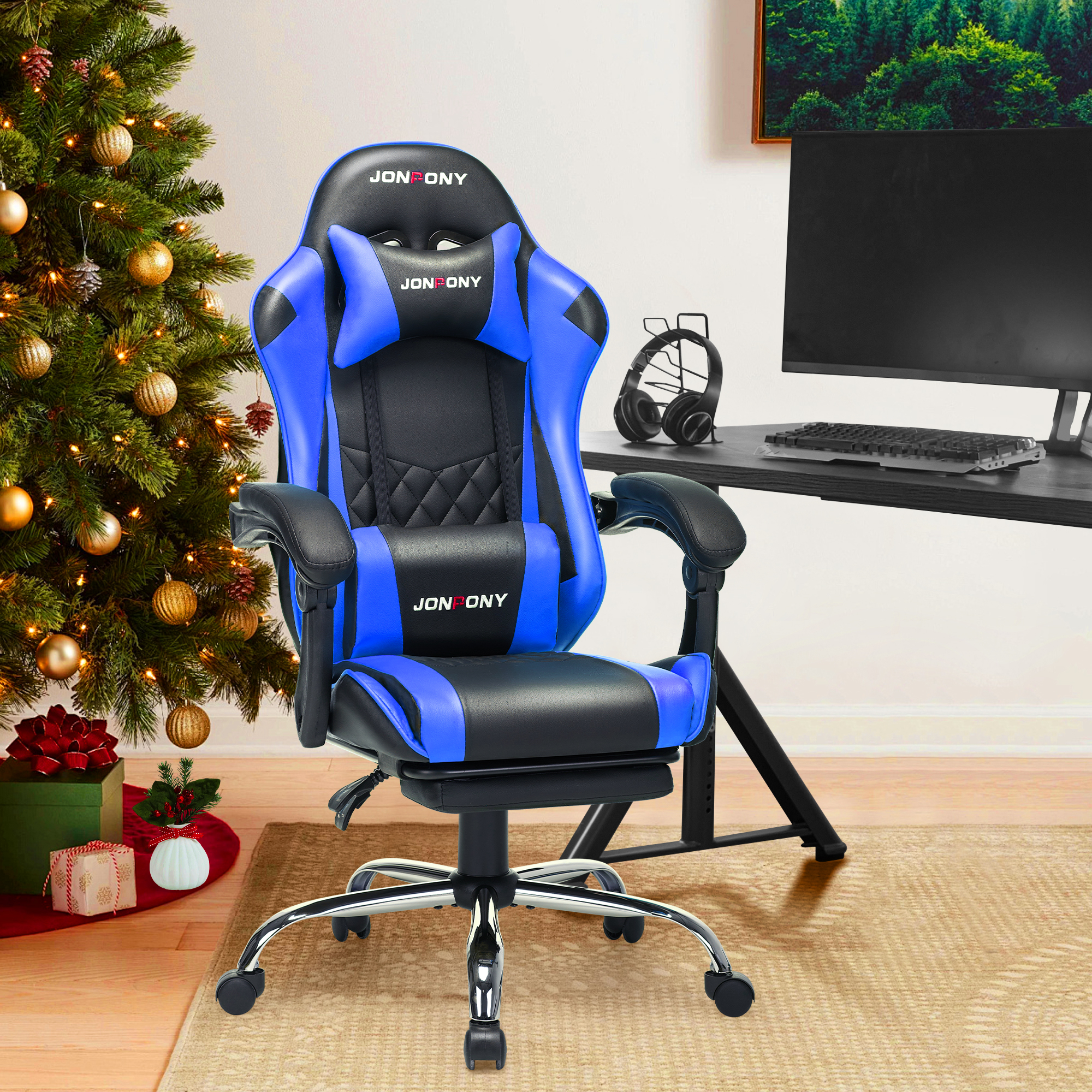 thumbnail video image 2 of JONPONY Big and Tall 400LBS Gaming Chair, Ergonomic Design, Gamer Chair PU Leather with Footrest and Lumbar Support, High Back Office Chair Support 8 Hours Long Sitting, Computer Chair,Blue, 2 of 12