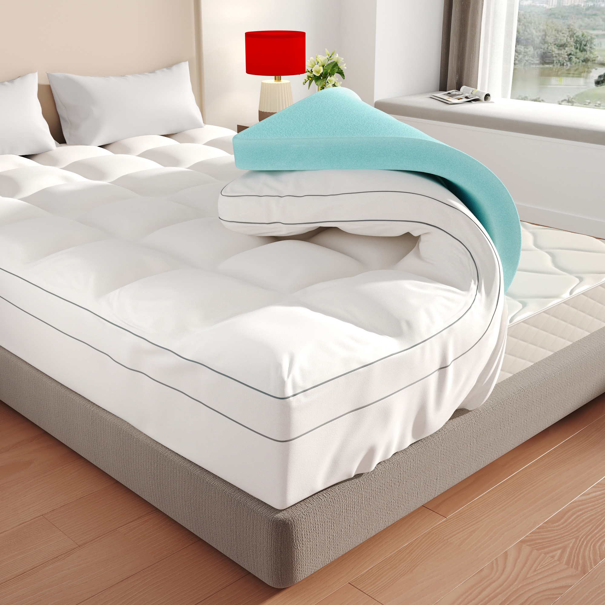 thumbnail video image 2 of 4 Inch Dual Layer Memory Foam Mattress Topper Full Size, 2 Inch Gel Memory Foam & 2 Inch Pillow Top Matrress Pad with 8-21 Inch Deep Pocket, 2 of 9