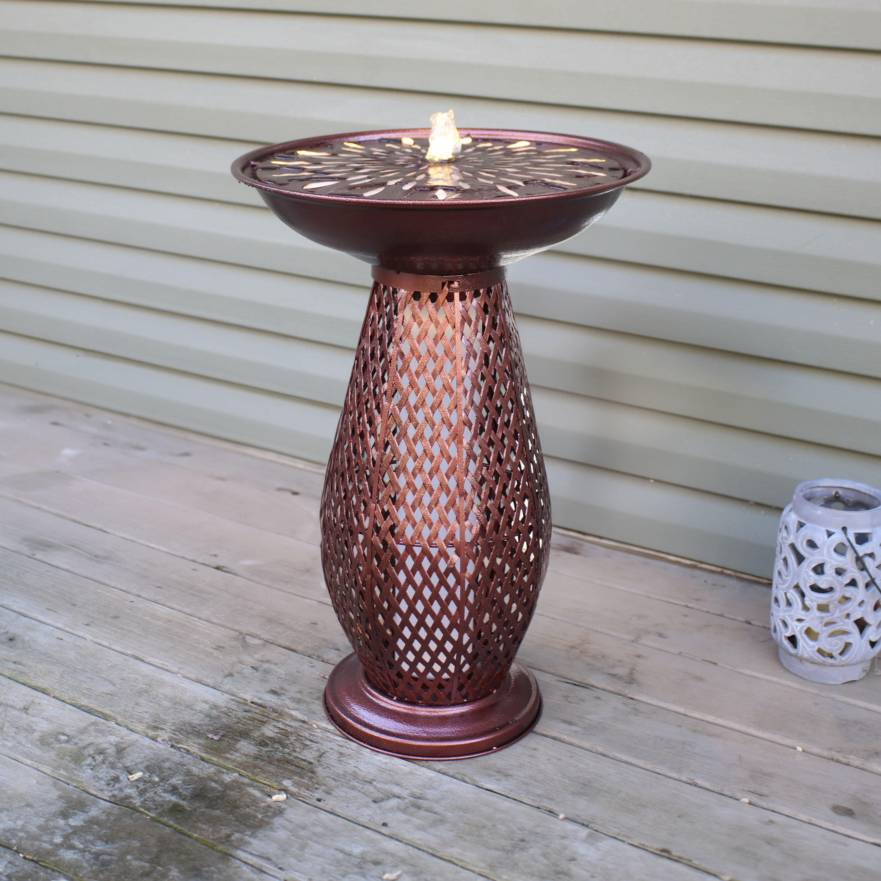 thumbnail video image 2 of Sunnydaze Metal Crosshatch Outdoor Bird Bath Fountain with Lights, 2 of 7