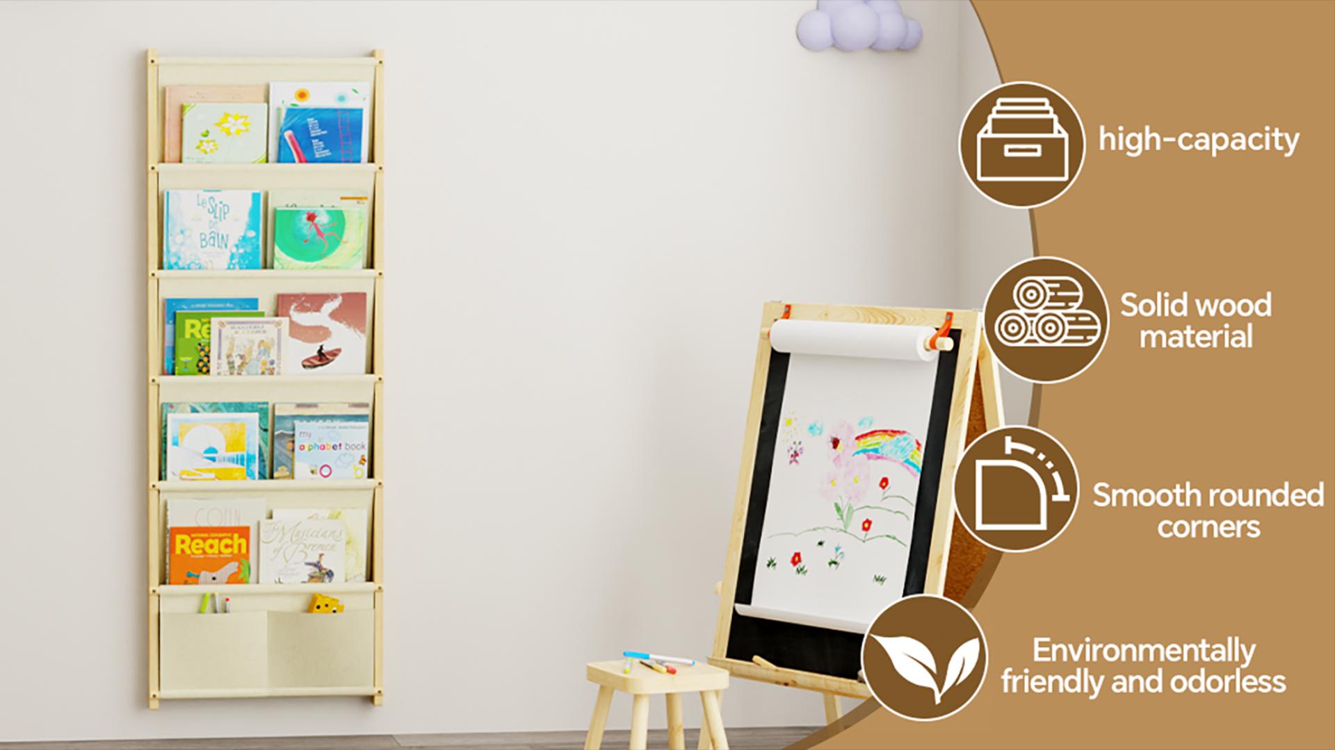thumbnail video image 2 of Wood 4-Tier Wall Mounted Kids Bookshelf – Floating Book Shelf For Kids Rooms,Nursery & Classroom, Hanging Bookcase Organizer For Books, Toddler Book Shelf, Montessori Bookshelf, Nursery Shelves, 2 of 8