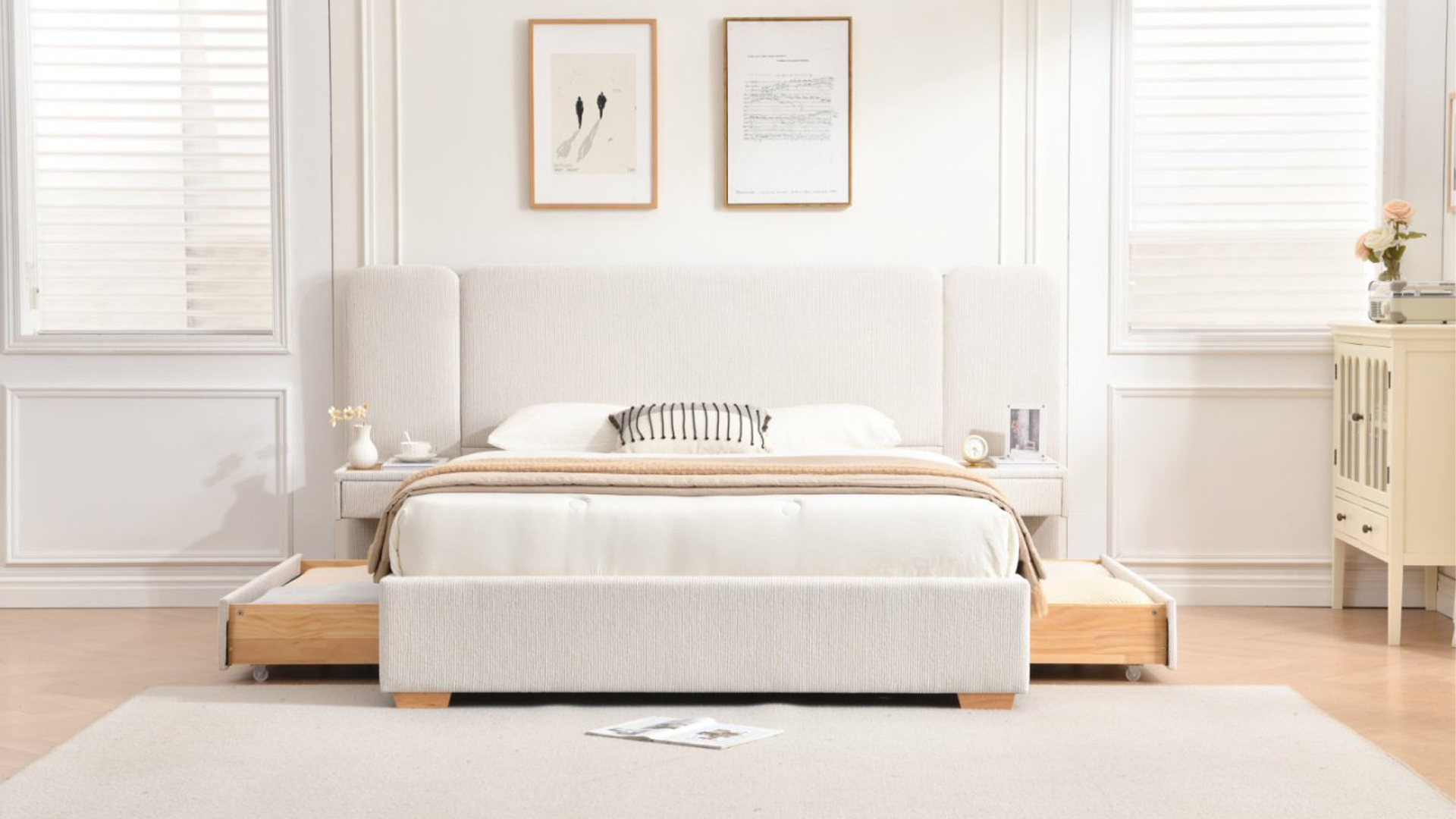 thumbnail video image 2 of Zanmintaobo Queen Size Luxury Bed Frame,Upholstered Headboard,Storage Drawers Built-in Nightstand Components,No Box Spring Needed,Easy Assembly,Cream, 2 of 11