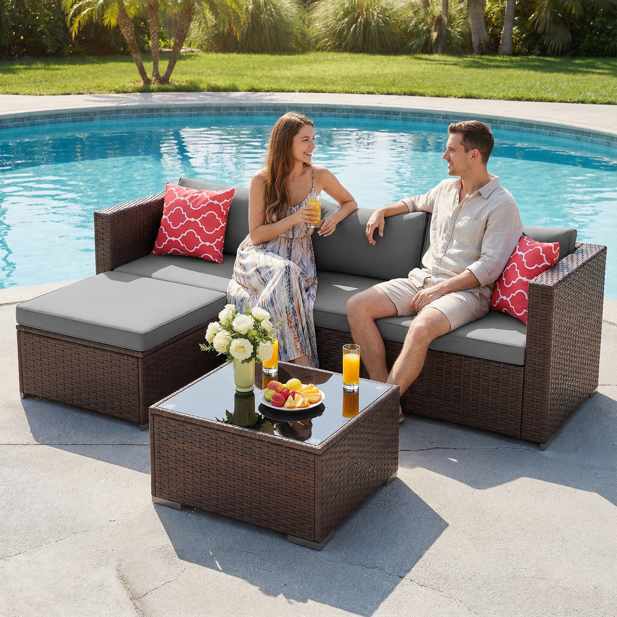 thumbnail video image 2 of Patio Furniture Set, Lofka 5-Piece All Weather PE Wicker Outdoor Conversation Set with Removable Washable Cushions, Tempered Glass Table and 2 Free Pillows, Gray, 2 of 11