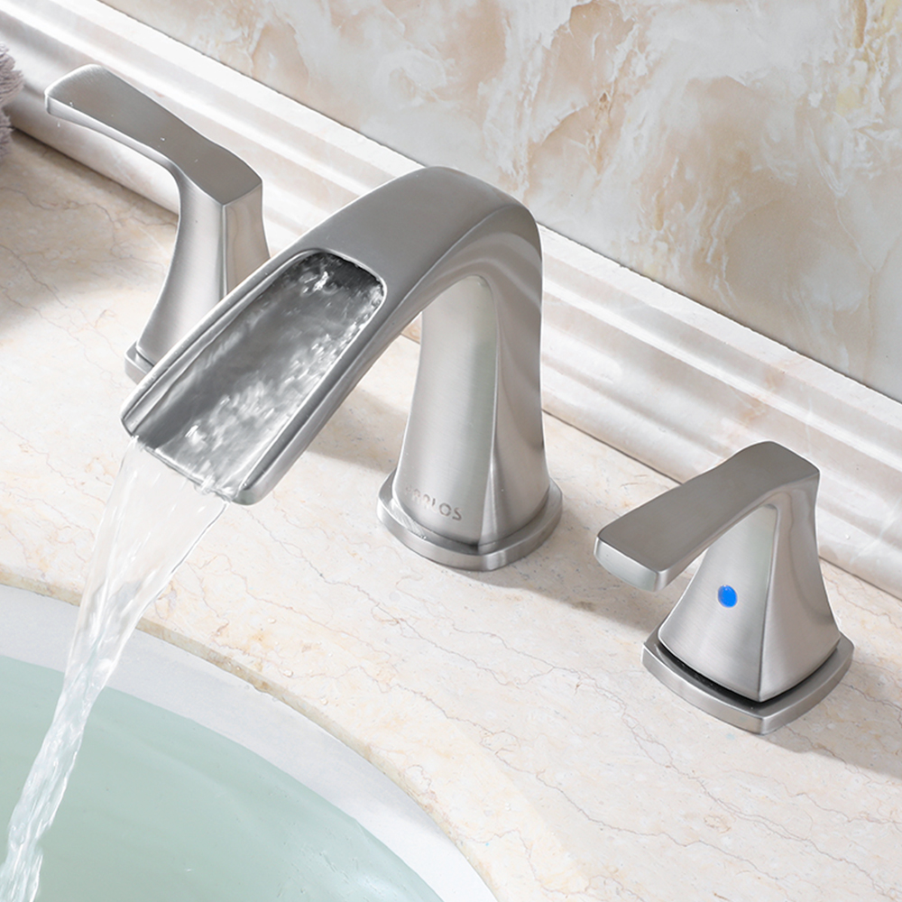 thumbnail video image 2 of PARLOS Waterfall Widespread Two Handles Bathroom Sink Faucet , Brushed Nickel, 2 of 11