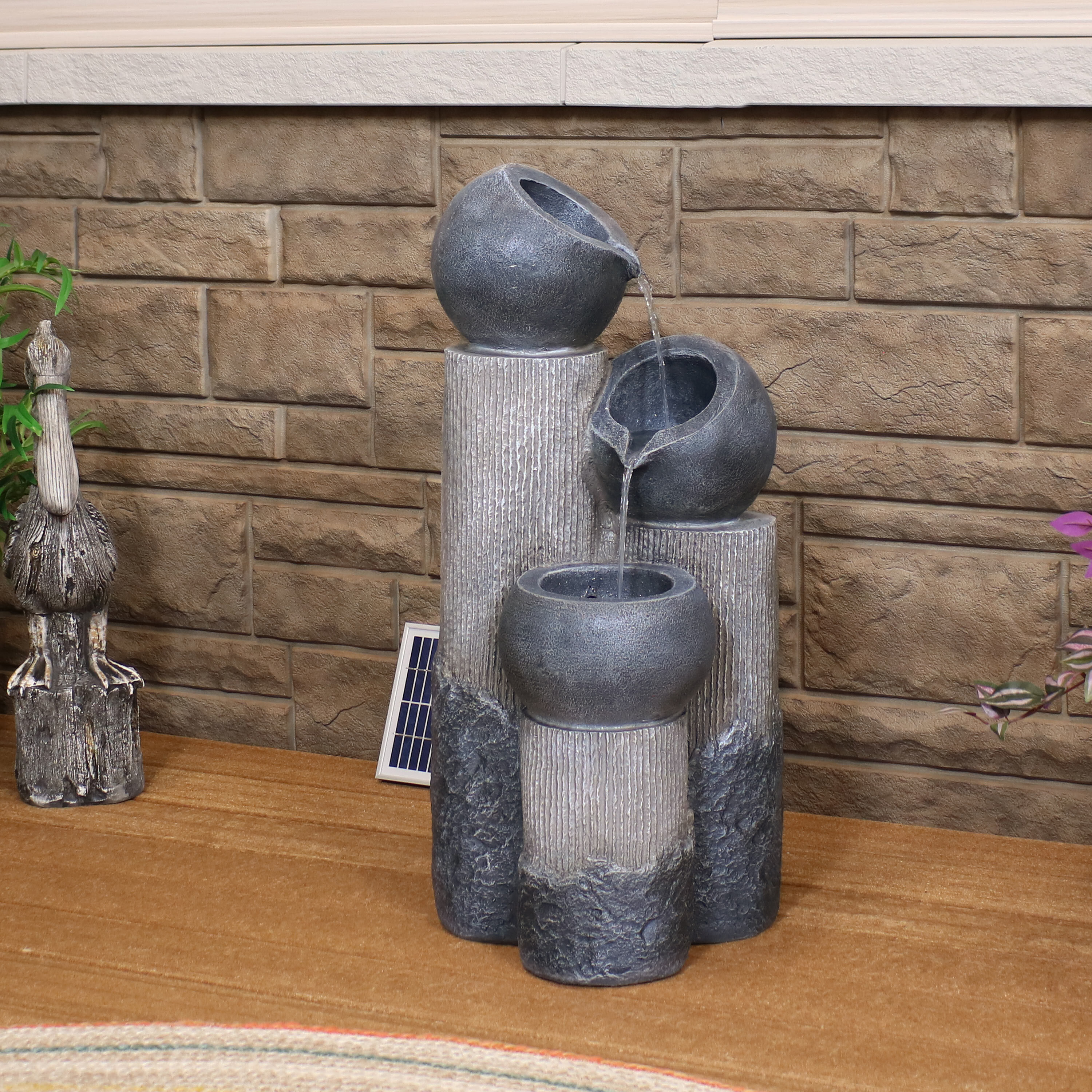 thumbnail video image 2 of Sunnydaze Cascading Tiered Cups Contemporary Gray Polyresin Solar Water Fountain, 2 of 10