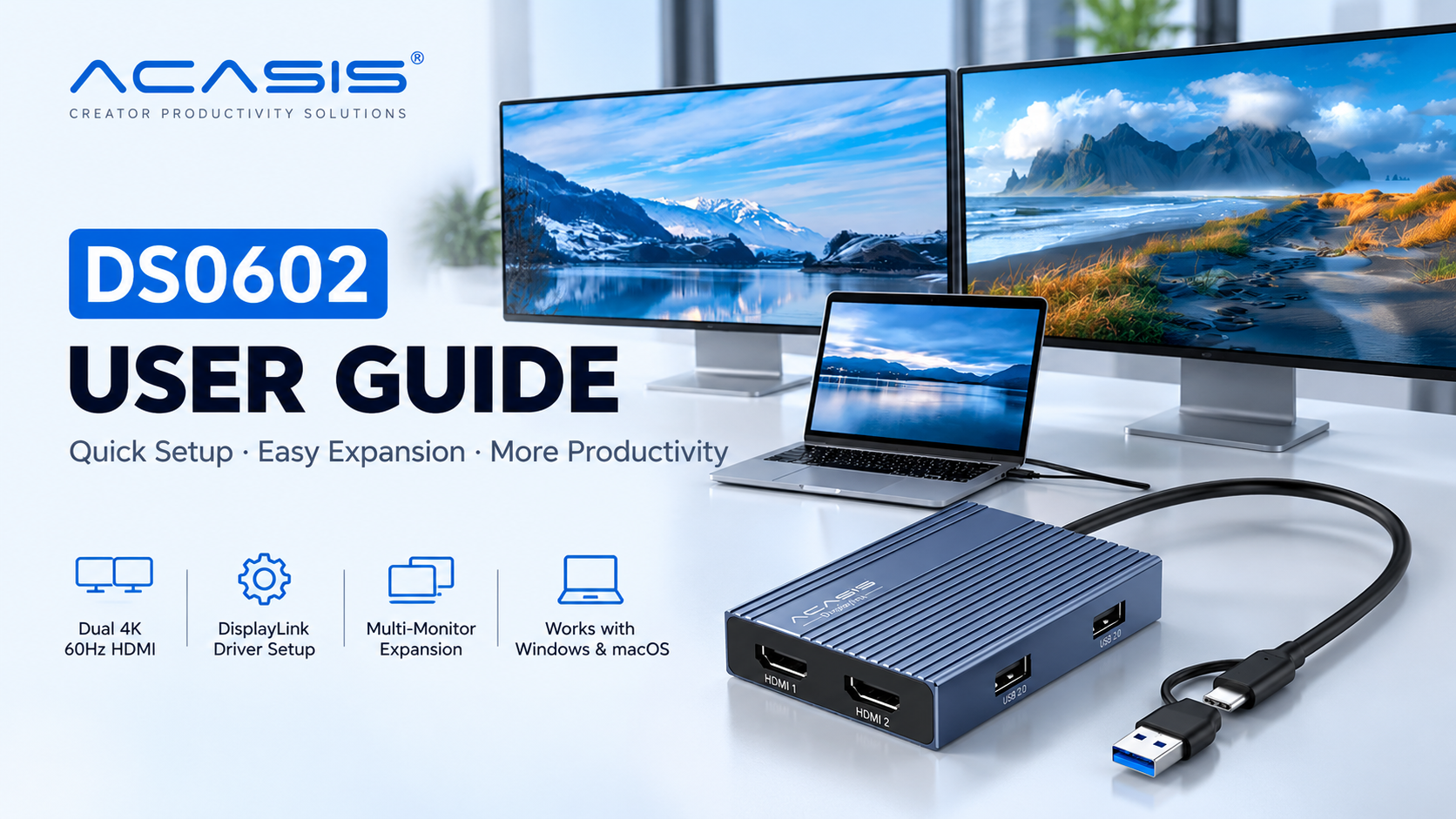 thumbnail video image 2 of ACASIS USB C Docking Station, Dual 4K HDMI DisplayLink Dock for Laptop, MacBook Air/Pro M1/M2/M3/M4, 100W PD, Fast Data Transfer USB Hub, 2 of 10