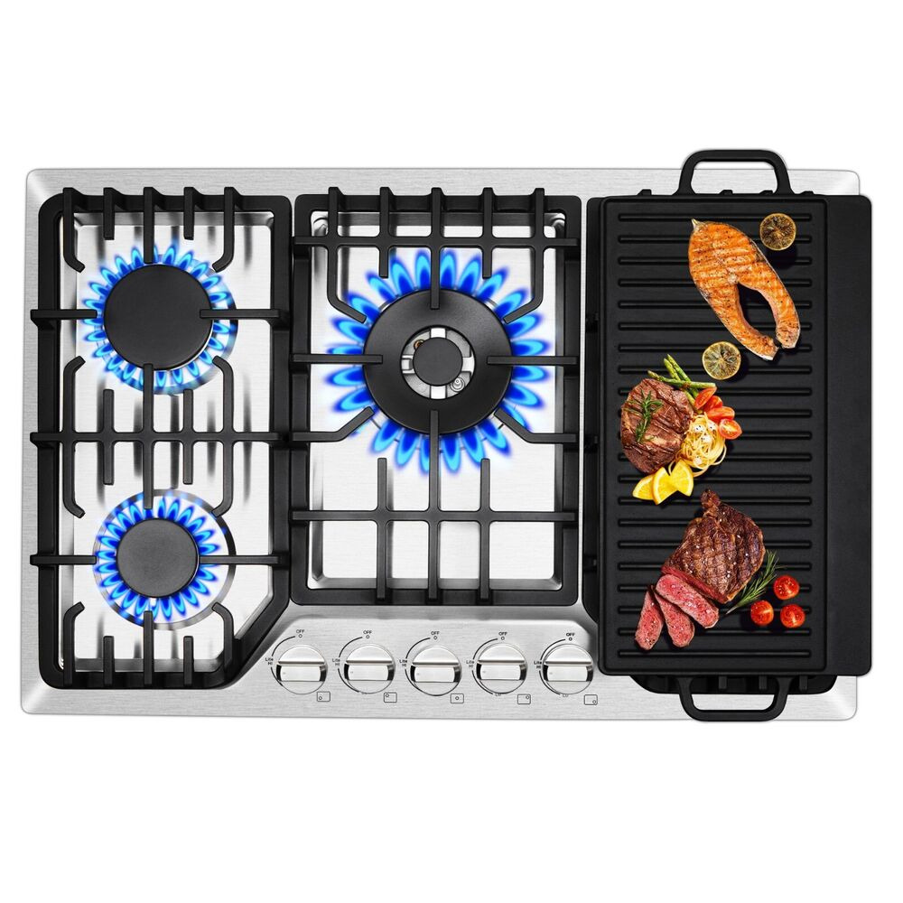 thumbnail video image 2 of AMZGACHFKTCH 5 Burners Gas Cooktop Stainless Steel Reversible Grill, 2 of 10