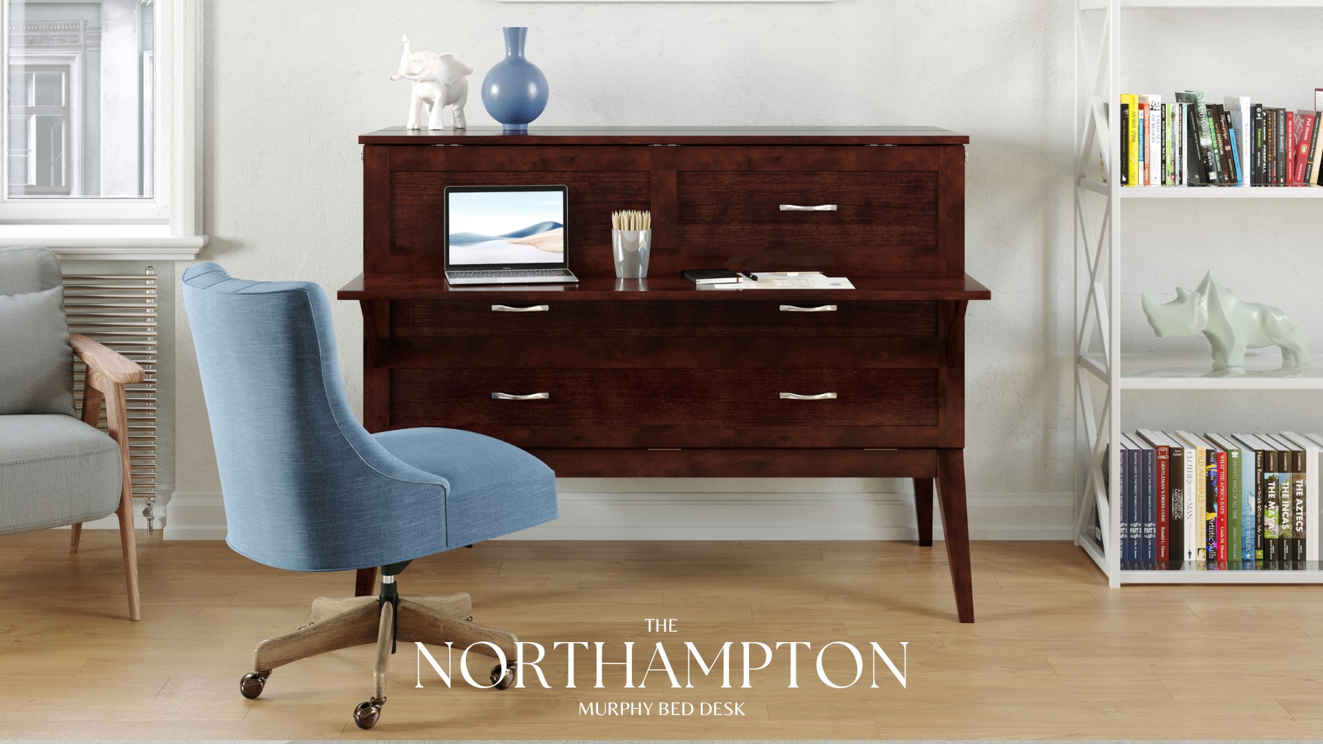 thumbnail video image 2 of AFI Northampton Full Wood Murphy Bed Desk with 6" Mattress & Charger, Grey, 2 of 19