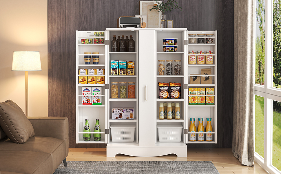 thumbnail video image 2 of 47" Pantry Storage Cabinet, Freestanding Kitchen Pantry Cabinet with Drawer and Adjustable Shelves, White Kitchen Pantry Storage Cabinet, Buffet Cupboards Sideboard for Home Office Use, 2 of 13