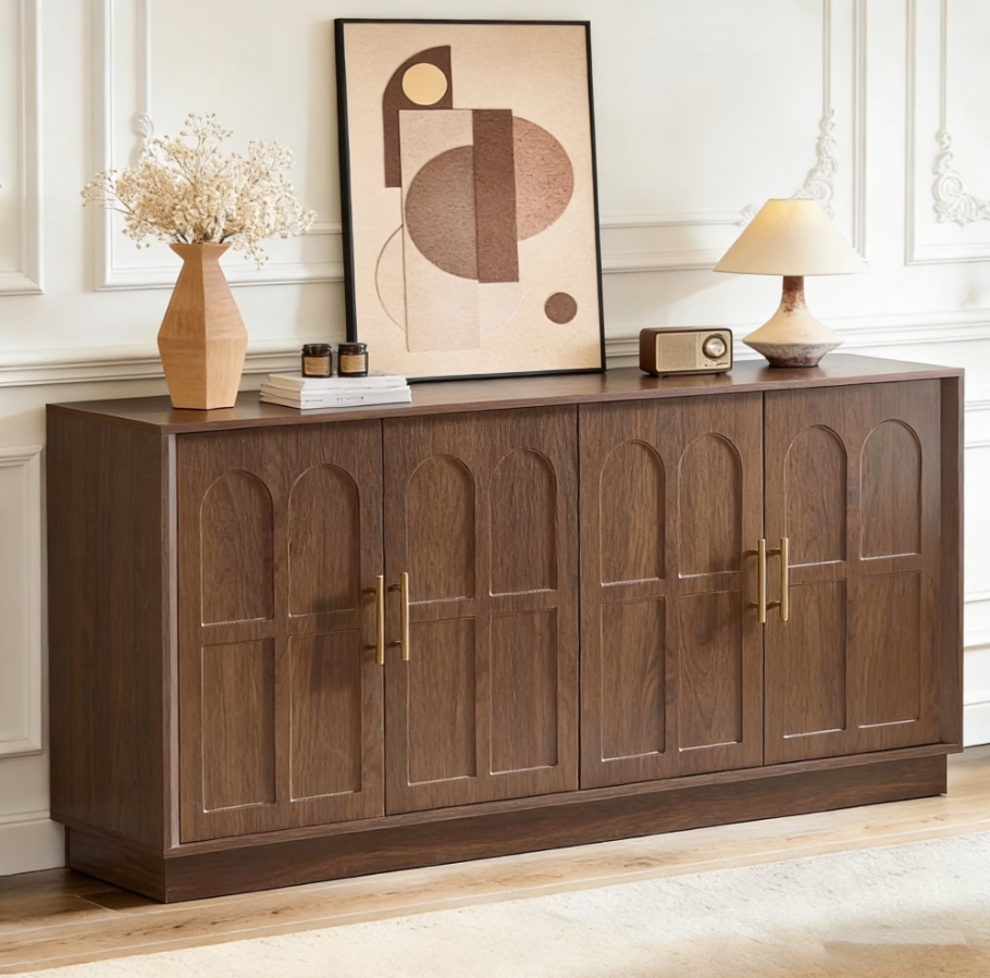 thumbnail video image 2 of BFJDM 67" Arched Sideboard Buffet Cabinet, 4-Door Wood Walnut Credenza Storage Accent Cabinet TV Console for Living Room Kitchen Dining Room Entryway, 2 of 10