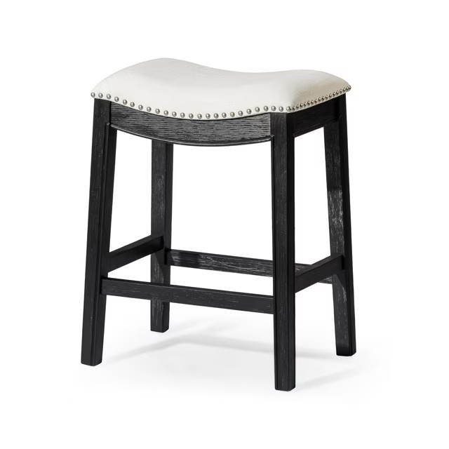 thumbnail video image 2 of Maven Lane Adrien 26" Wood Counter Height Stool - Handcrafted Aged Black Finish with Snow White Fabric Upholstered Saddle Seat for Comfort - Barstool for Kitchen Islands, Dining Rooms, Set of 3, 2 of 7