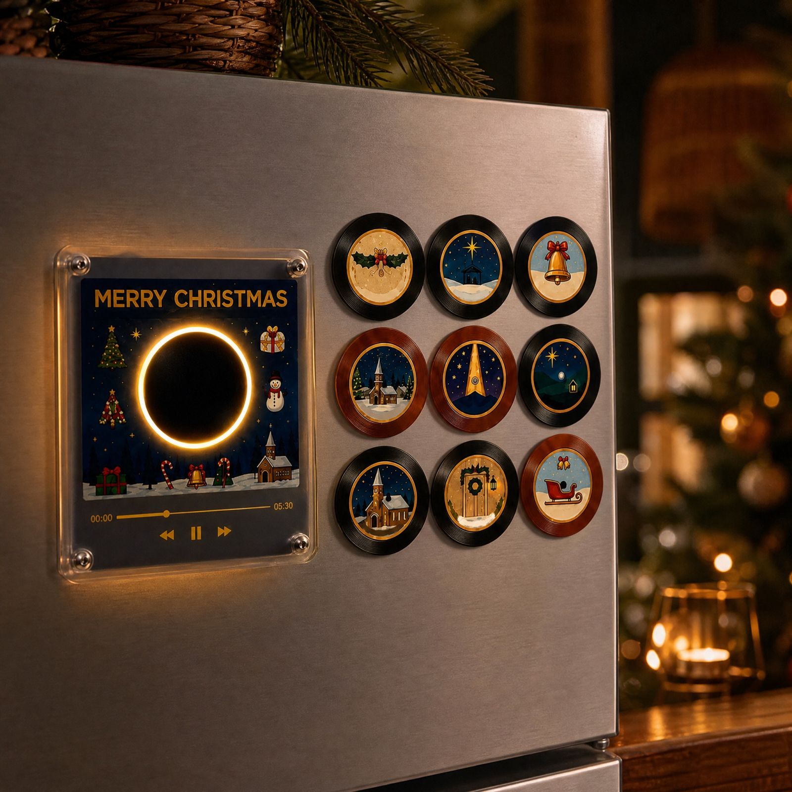 thumbnail video image 2 of Christmas Vinyl Player Fridge Record NFC Magnetic Music Box Set ,Mini Jingle Magnets, Refrigerator Custom Storage, Personalized Retro, 9 PCS Programmable Playback, Aesthetic Desk Decor Gift, 2 of 8