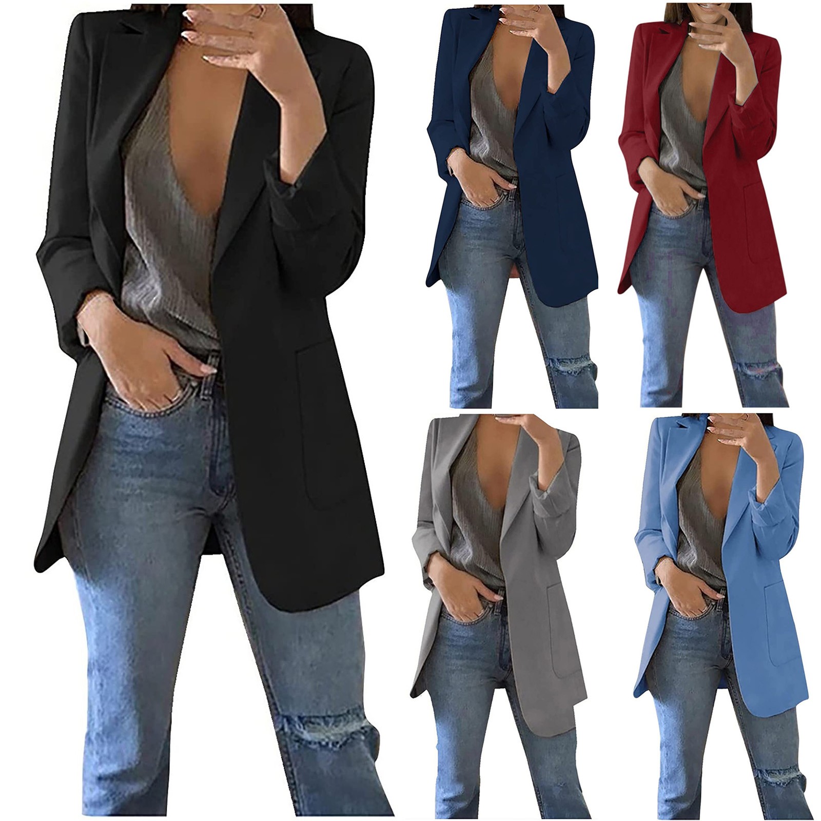 thumbnail video image 2 of WREESH Womens Fashion 2025 Bussiness Casual Blazers Open Front Long Sleeve Work Office Blazer Jacket Solid Suit Jacket with Pockets Black, 2 of 7