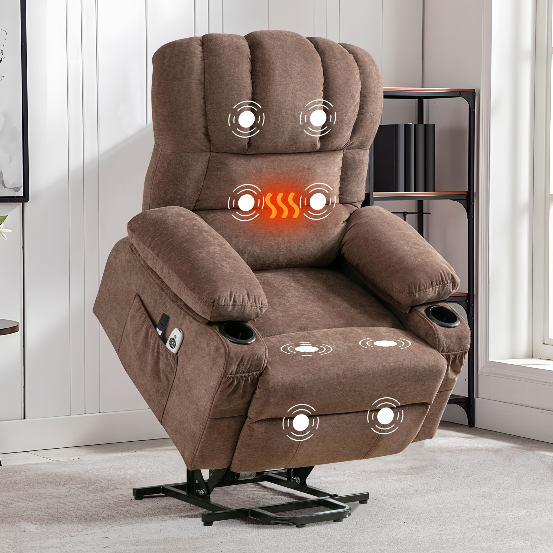 thumbnail video image 2 of HSUNNS Recliners Lift Chair for Elderly, Living Room Cotton Recliner Chair with Massage and Heat, Single Sofa with USB Port, Cup Holder, Side and Front Pocket, Brown, 2 of 12