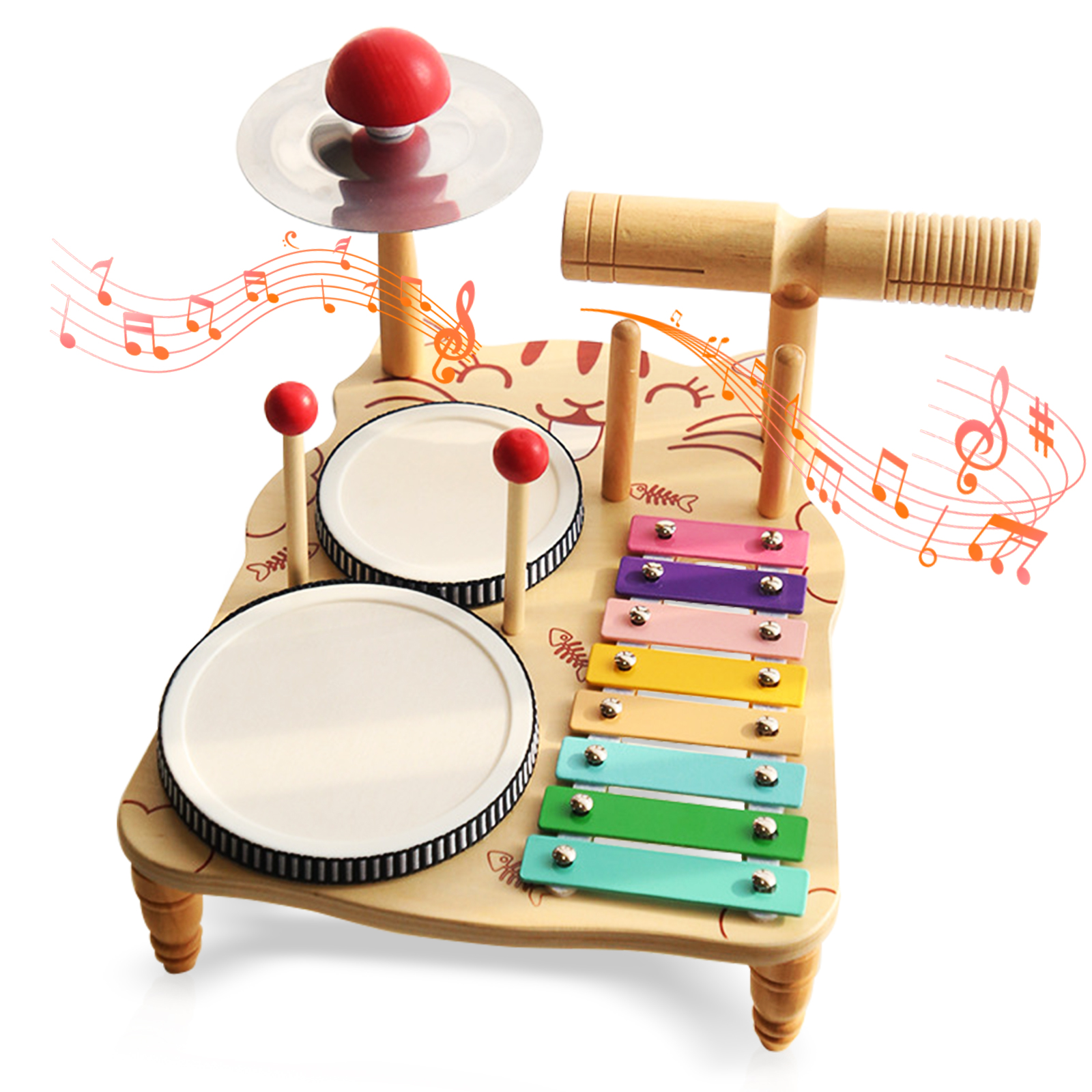 thumbnail video image 2 of SINGOMON Children's Drum Set, Wooden Musical Toys (Includes Xylophone Cymbals), Birthday Gifts For Boys And Girls Studying In Montessori, 2 of 6