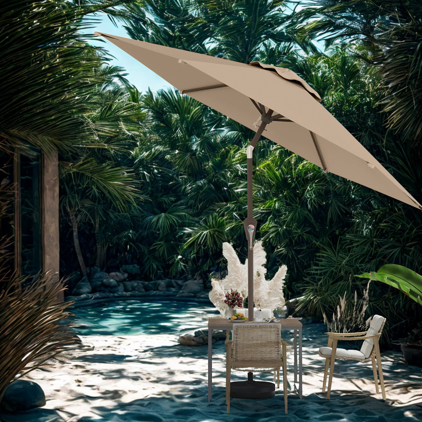 thumbnail video image 2 of 7.5FT Outdoor Patio Umbrella, Patio Umbrella, Market Umbrella, Metal Pole Umbrella with Push Button Tilt and Crank, 11 Ribs, Polyester Canopy, 2 of 9