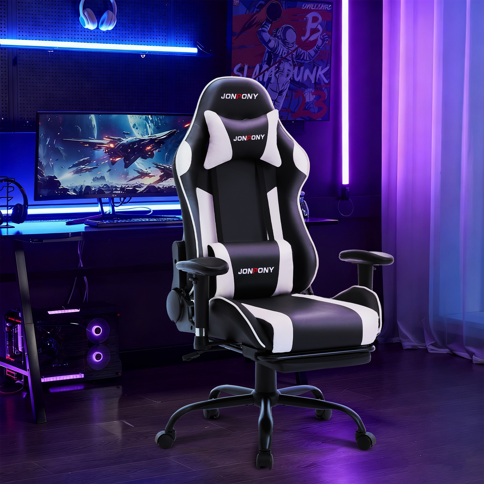 thumbnail video image 2 of JONPONY Game Chair,Ergonomically Designed Computer Chair with headrest and 2D Armrests,with Footrest and Lumbar Support,High Back Office Chair Support 8 Hours Long Sitting,Computer Chair,WHITE, 2 of 9