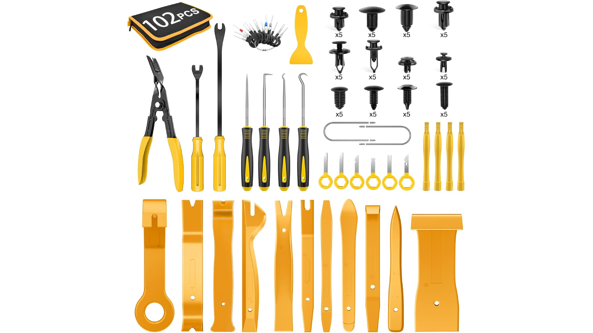 thumbnail video image 2 of GOOACC 102Pcs Trim Removal Tool, Auto Push Pin Nylon Bumper Retainer Clip Set Fastener Terminal Remover Tool Round Handle Crowbar Kit Car/Radio Panel, Yellow, 2 of 8