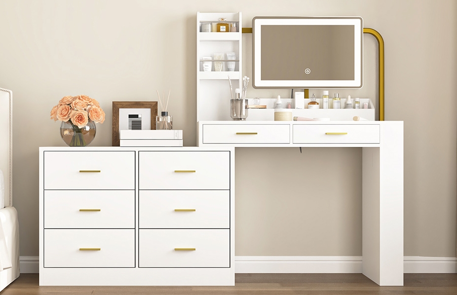 thumbnail video image 2 of Kadyn Vanity Desk with Extra Large Right Sliding Mirror, Dressing Table with 5 Drawer, Makeup Table for Women, Girls, Bedroom, White, 2 of 12