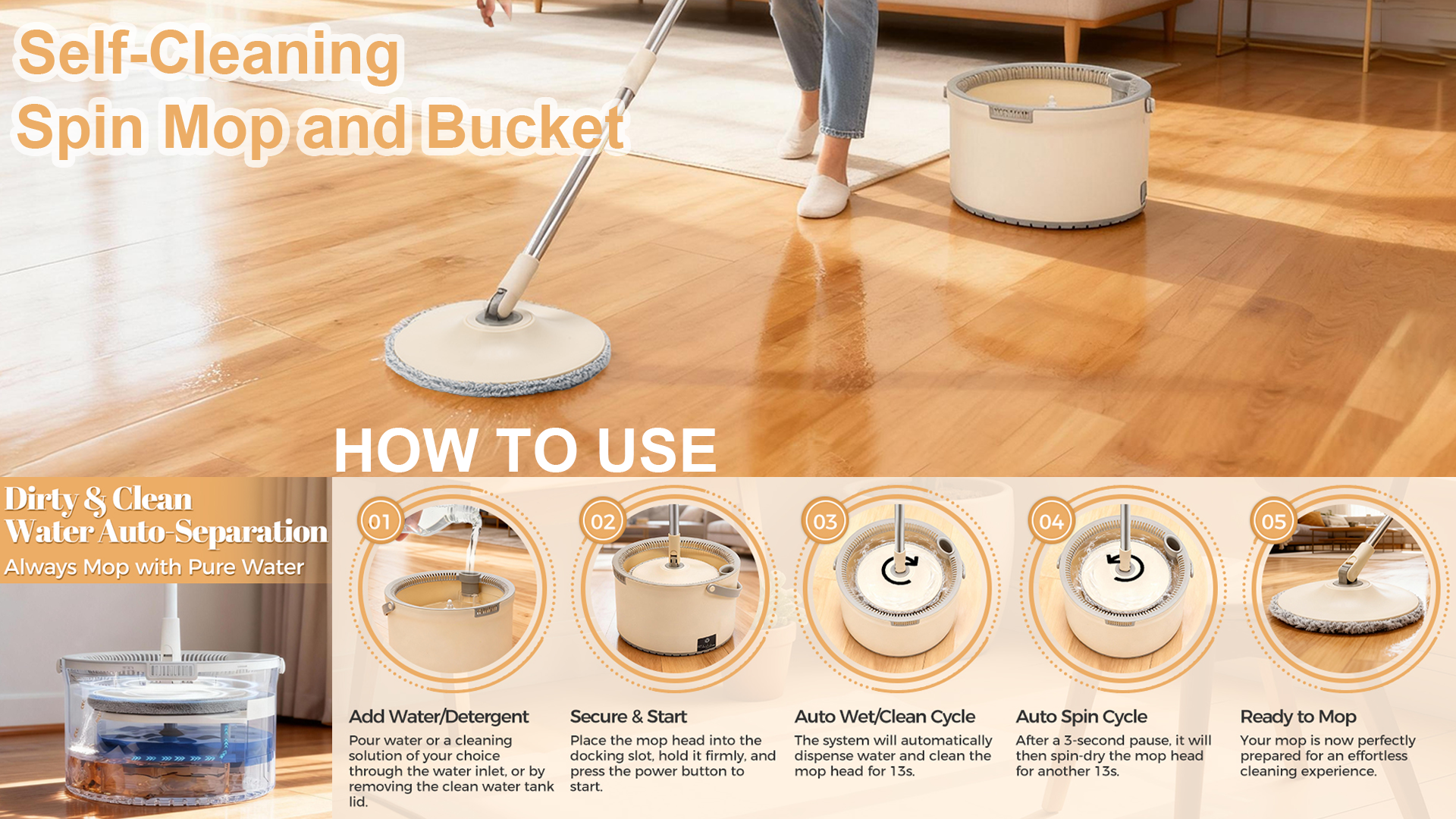 thumbnail video image 2 of MOOSOO Electric Spin Mop and Bucket Set for Floors, One-Click Self-Cleaning and Drying, Adjustable Handle with Microfiber Pads, 2 of 9
