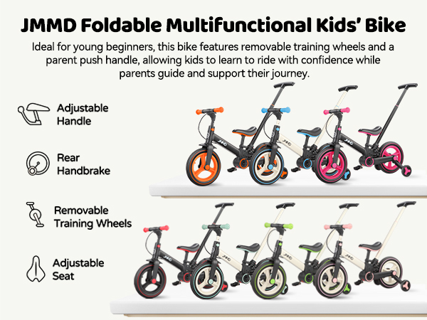 thumbnail video image 2 of JMMD Toddler Bike with Push Handle for 18-60 Months Kid, 6-in-1 Foldable Balance Bike with Training Wheels, Pedals, Kids Tricycle for Boy & Girl, Mint, 2 of 10