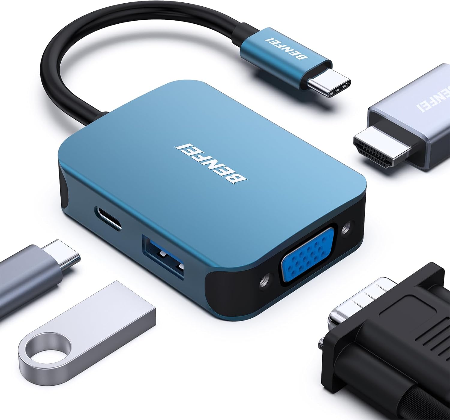 thumbnail video image 2 of BENFEI USB C HUB 4in1, USB Type-C to HDMI VGA Adapter, USB C to USB Adapter, USB Type-C Power Delivery, Compatible with iPhone 15 Pro/Max, MacBook Pro/Air 2023, iPad Pro, iMac, S23, XPS 17, 2 of 8