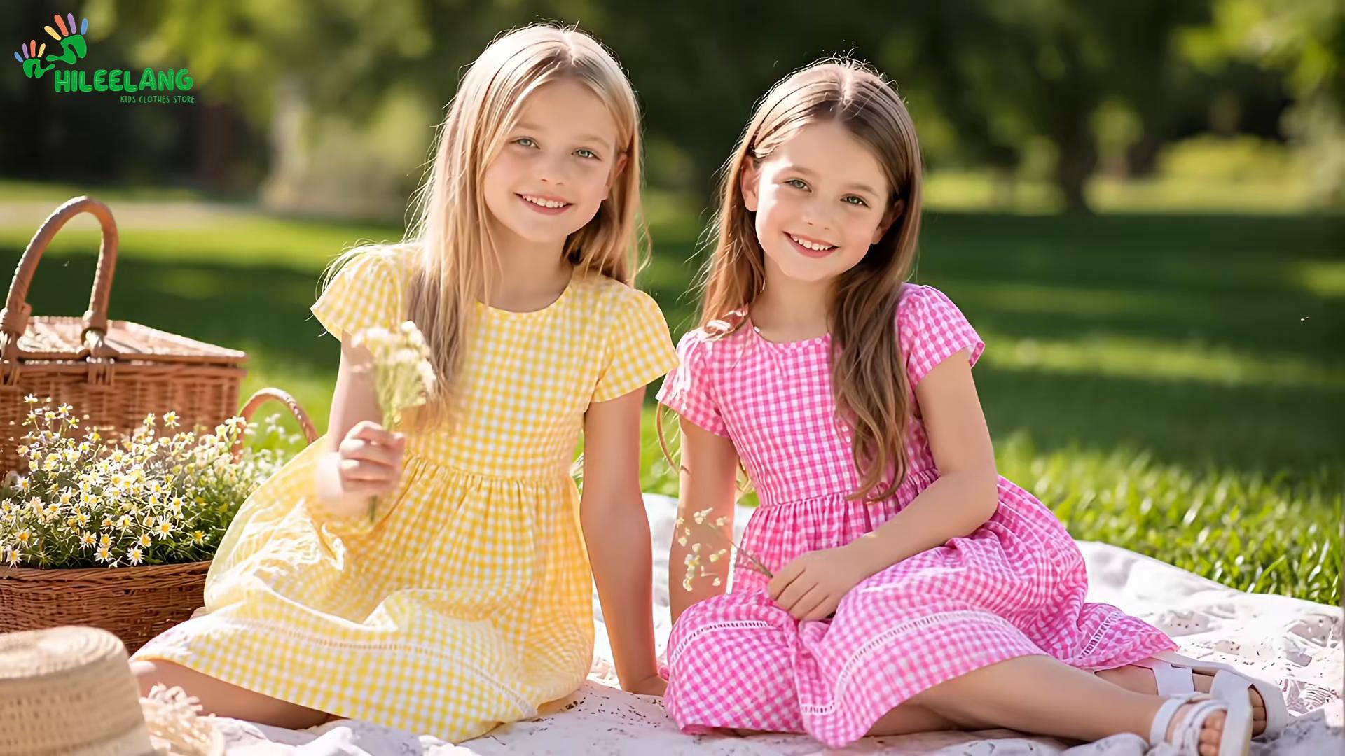 thumbnail video image 2 of HILEELANG 3-13T Little/Big Girls Light Blue Gingham 100% Cotton Dress Size 10-11T, 2 of 8