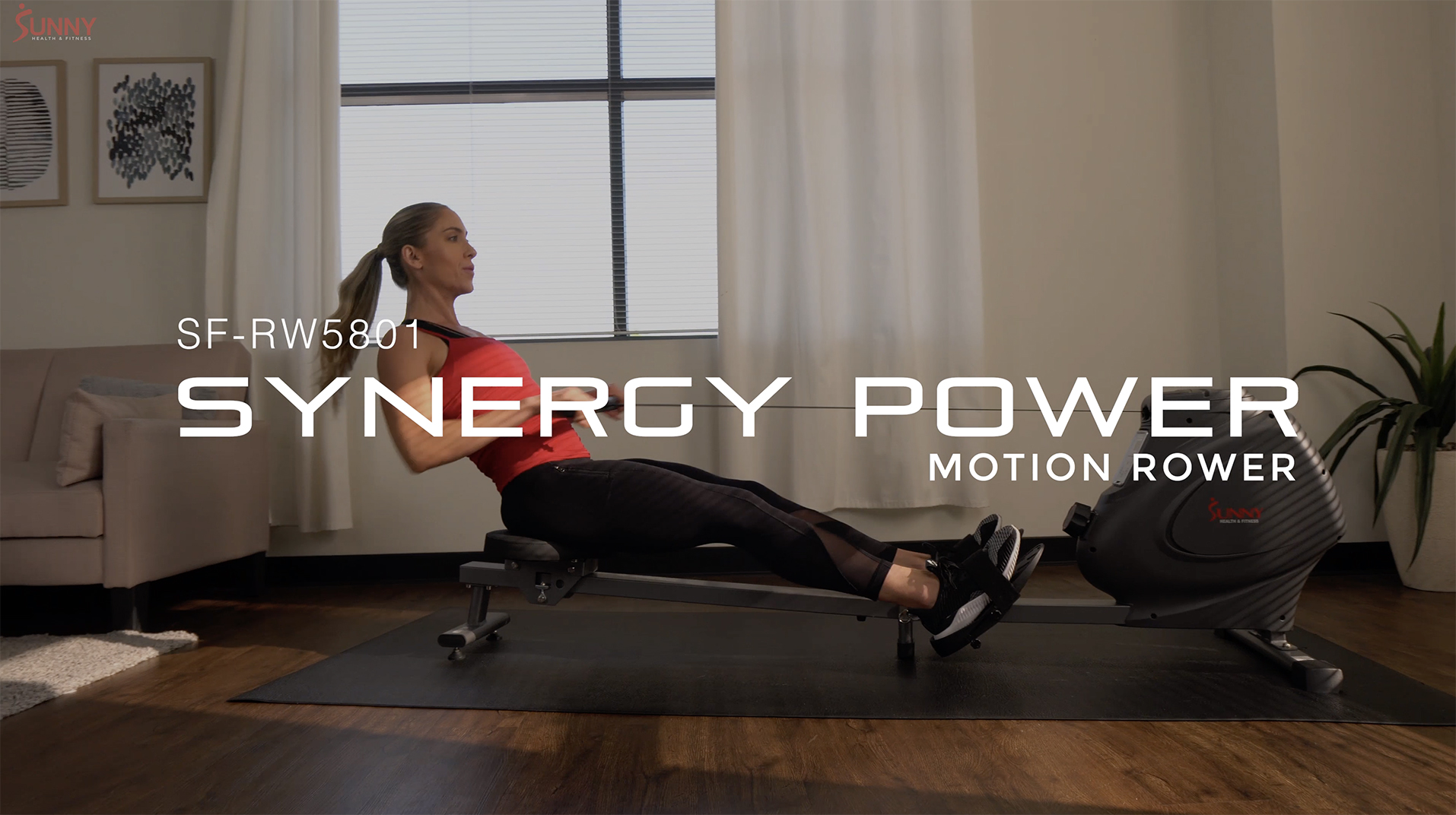 thumbnail video image 2 of Sunny Health & Fitness Magnetic Rowing Machine Rower, LCD Monitor, Home Cardio Exercise Workouts, Synergy Power Motion, SF-RW5801, 2 of 13