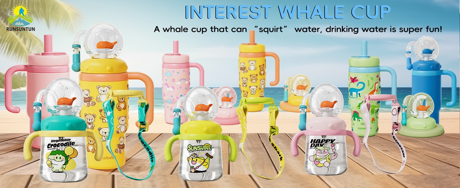 thumbnail video image 2 of Comobebe Whale Fountain Cup for Kids Toddlers: 10oz/300ml Spill Proof Toddler Sippy  with Handle & Strap, Bpa-Free Forsippy Cups for Toddlers 1-3,Kids Water Bottle (Pink), 2 of 16